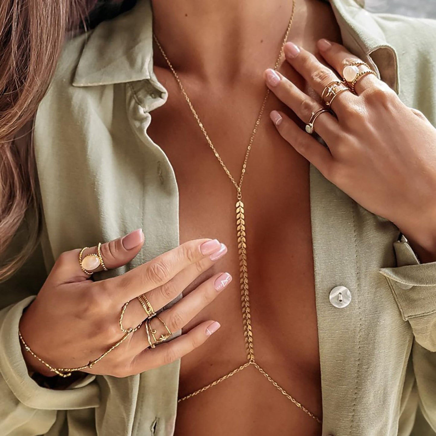 14K Gold Plated Body Chains for Women, Sexy Layered Belly Waist Chain Crossover Bikini Bra Chain, Summer Beach Rhinestone Body Jewelry(Fishbone)