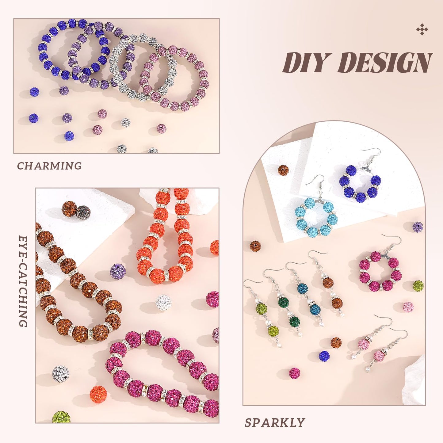 105pcs 10mm Rhinestone Beads for Jewelry Making, White Shiny Round Disco Ball Beads Bulk, Sparkle Crystal Clay Christmas Bead for Bracelet Baseball Necklace Earring Crafting and DIY