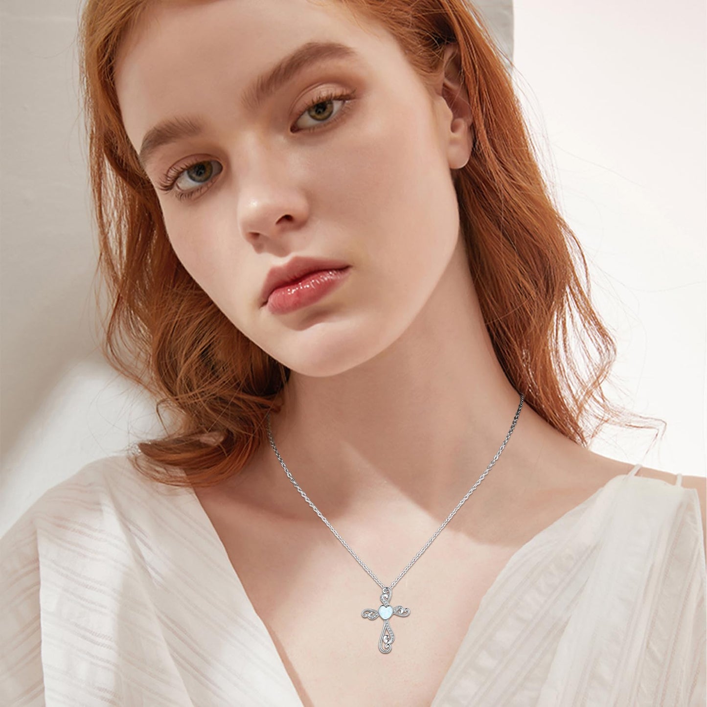 Twoowl Cross Necklace 925 Sterling Silver Opal Necklace Cross Crucifix Pendant Christian Catholic Religious Jewelry Gifts for Women