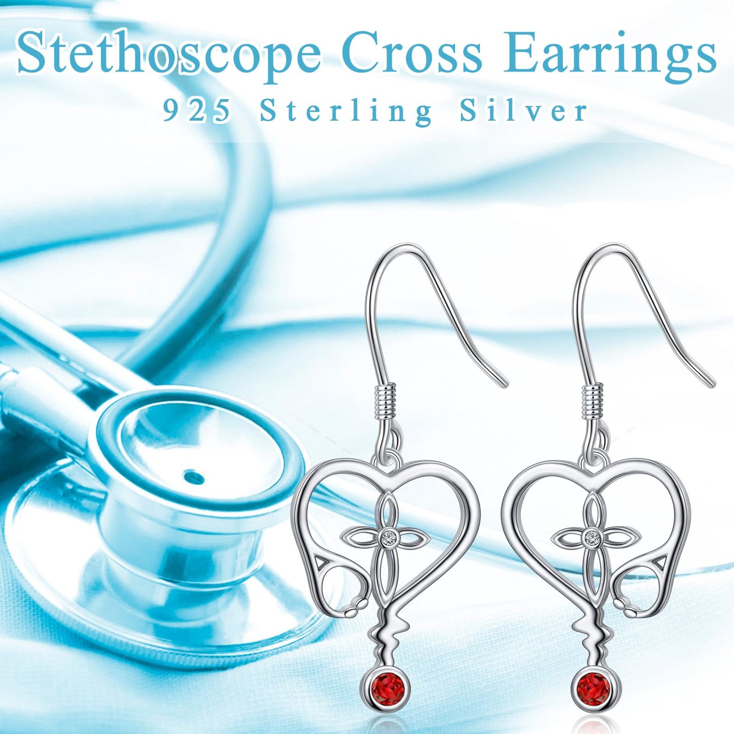 SHAOAN 925 Sterling Silver Cross Stethoscope Dangle Earrings for Women Heart Cubic Zirconia Drop Earrings Graduation Medical Jewelry Gift for Doctors Nurses
