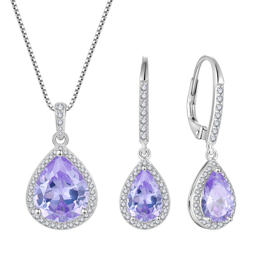 FJ Teardrop Jewelry Set for Women 925 Sterling Silver Alexandrite Necklace and Earrings Set Pear Cut June Birthstone Jewelry Gifts
