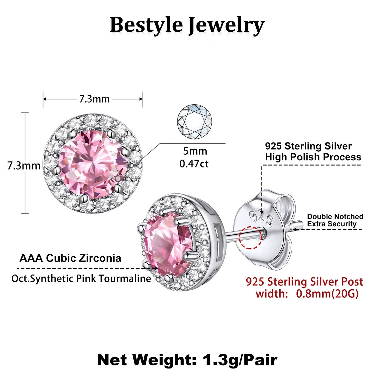 Bestyle Infinity Love Round Stud Earrings with October Pink Tourmaline Birthstone Crystal, Brilliant Love Round Diamond Studs Statement Jewelry for Women