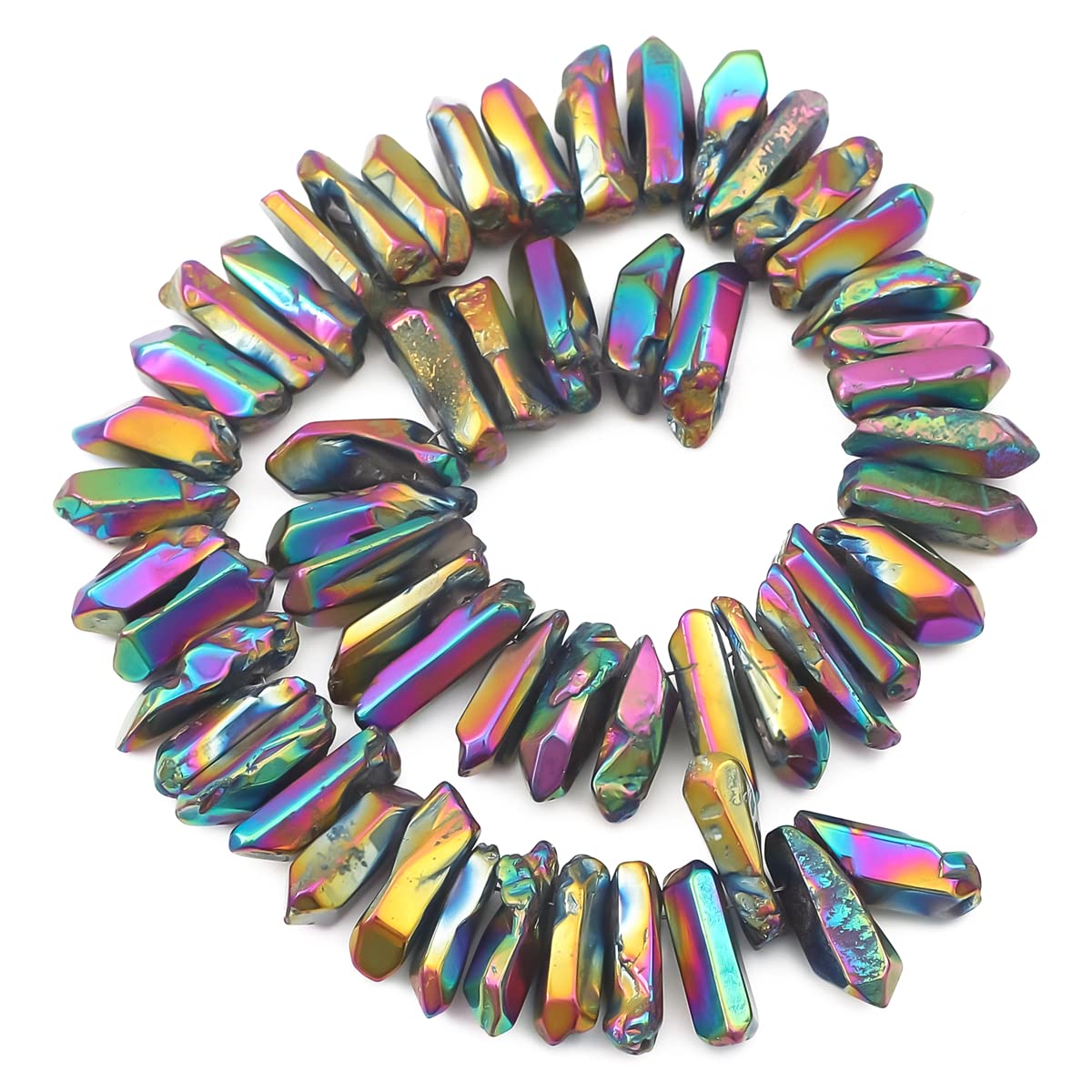 BEADIA Rainbow Titanium Coated Crystal Quartz Spike Point Stick Beads Polished 1.0"-1.5" for Jewelry Making 15 Inch/Strand