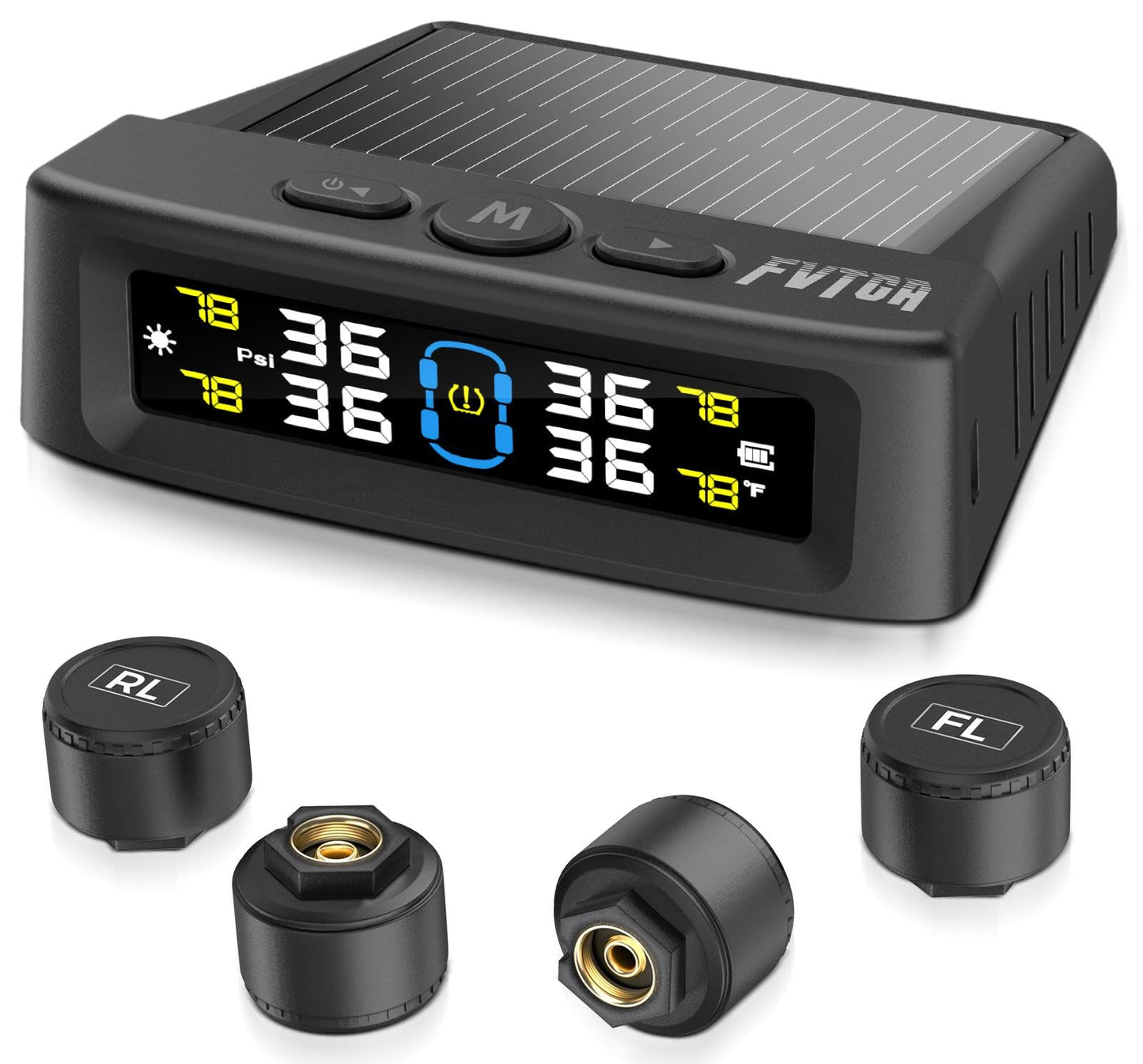 Tire Pressure Monitoring System - TPMS with Solar and USB Charger, 4 Tire Sensors and 6 Alarm Modes, Auto on/Off and Voice Prompt, TPMS with Color LCD Screen, for RV, Sedan, SUV, MPV, etc (0-87 PSI)
