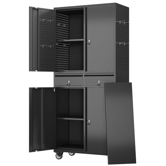 GLADIW Garage Storage Cabinet with Wheels, Metal Storage Cabinet with 2 Drawers and 2 Adjustable Shelves, Metal Lockers with Pegboards for Homes, Offices, Kitchens, Schools and Pantries