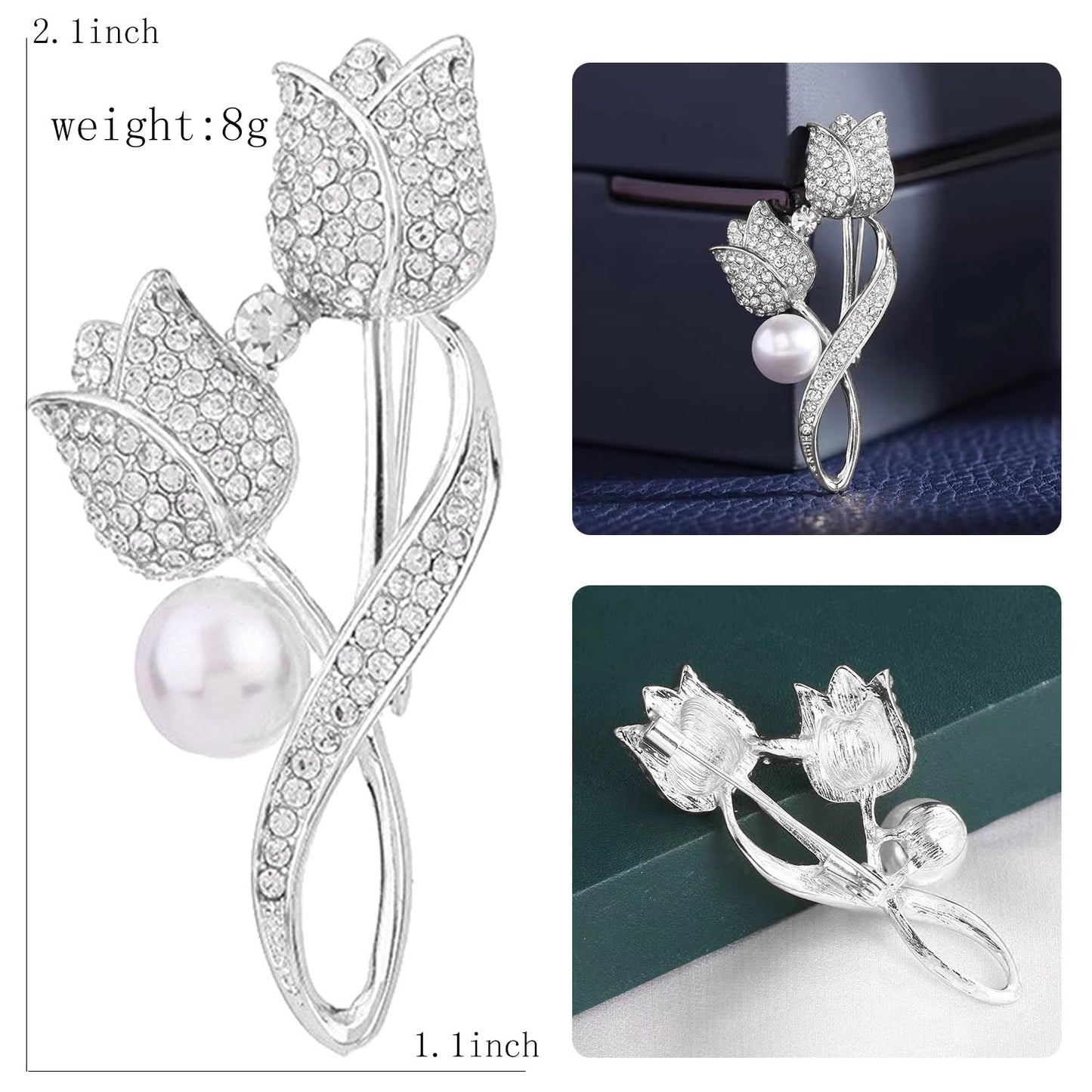 Tulip Flower Crystal Brooches Pins Fashion Beautiful Created Rhinestone Pearl Floral Brooch Good Idea for Party Dance Wedding Banquet for Elegant Women Girl (Silver Tulip)