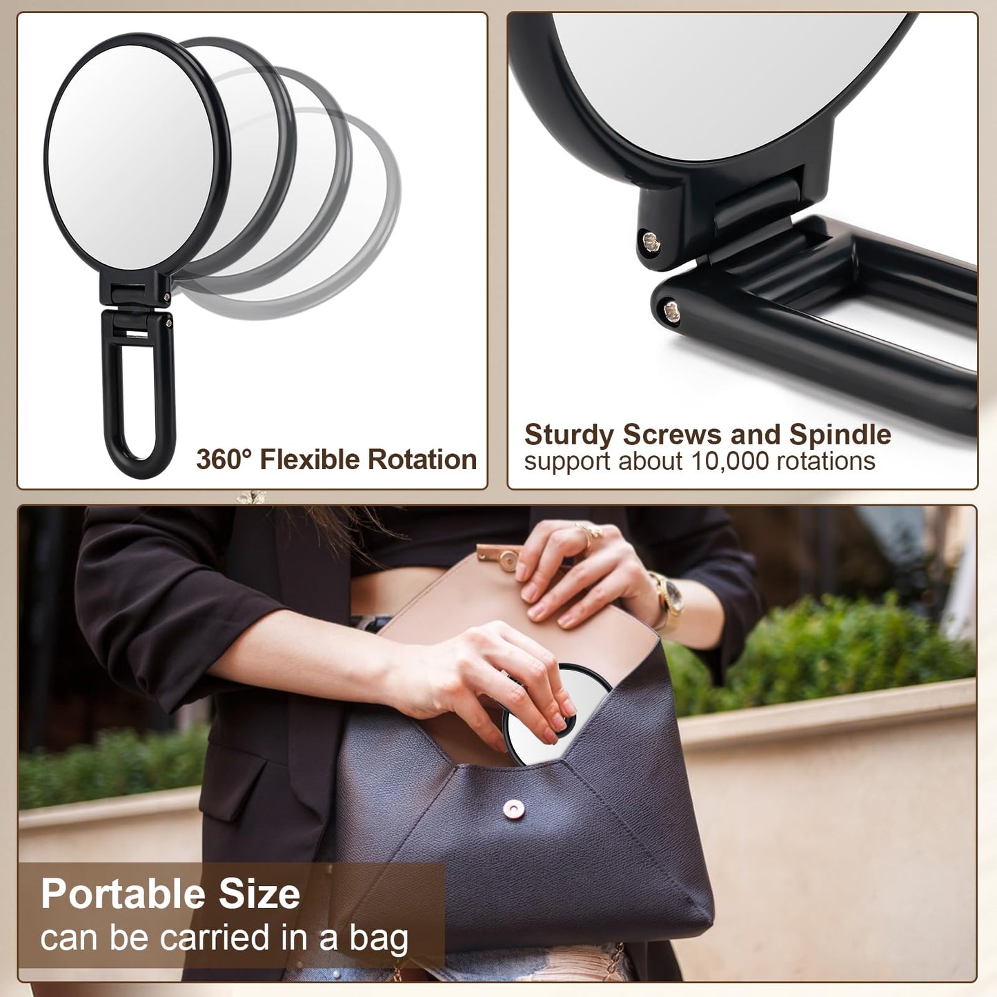 BOOMIBOO 1X/10X Magnifying Handheld Mirror Double Sided, Foldable Travel Makeup Mirror, Adjustable Rotation Pedestal Hand/Hanging/Desk Vanity Mirror-Black