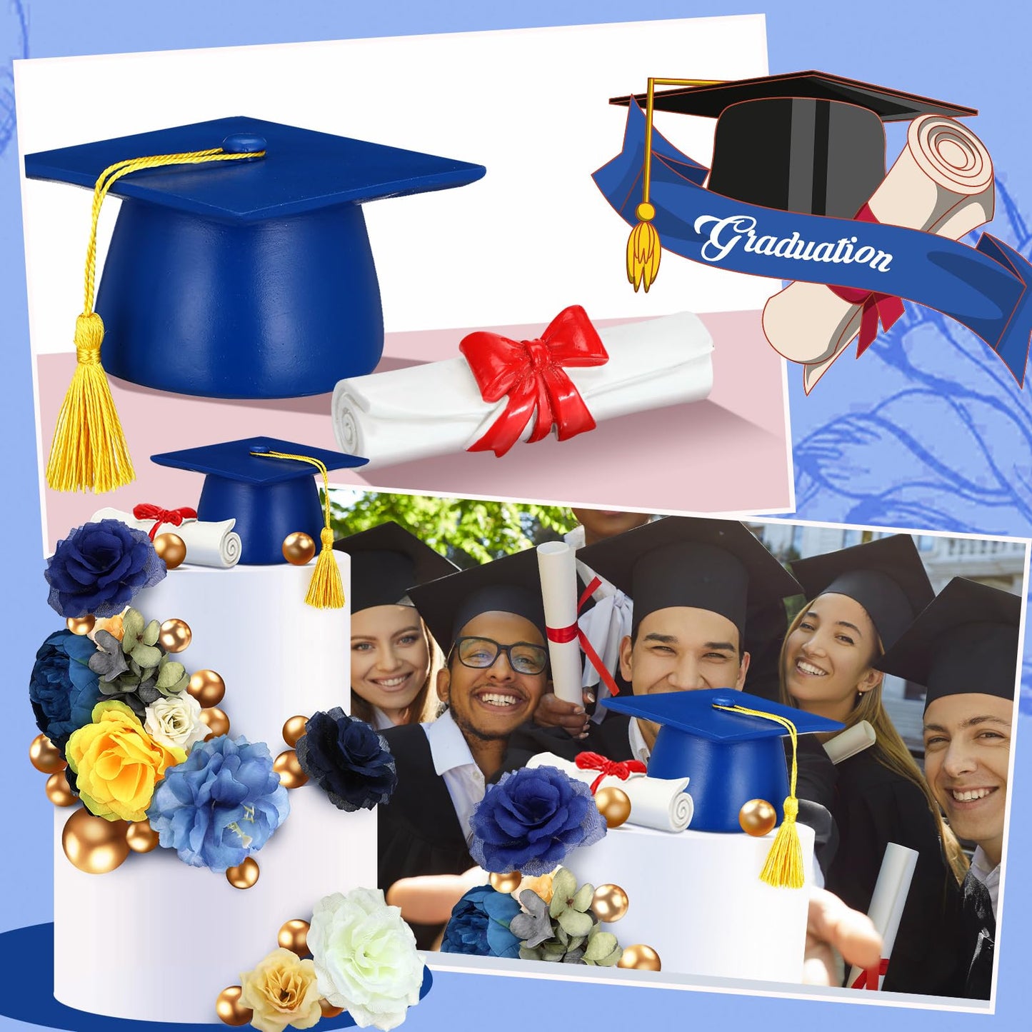 Wavwavw 50 Pcs Resin Graduation Cake Topper Class of 2026 Cap and Diploma Gold Balls Kit Congrats Grad Cake Decorations for Master Graduation Party Middle High School Supplies(Blue)