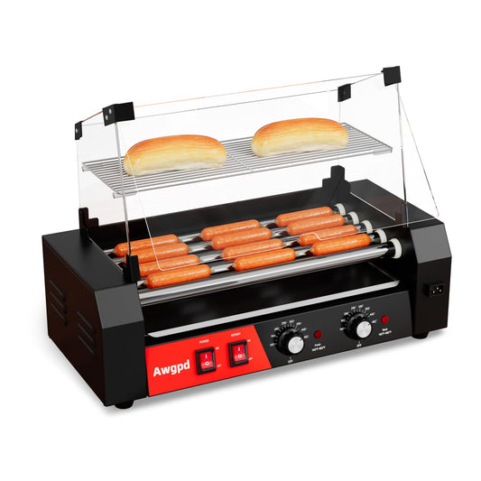 Hot Dog Roller 5 Rollers 12 Hot Dogs Capacity, 750W Stainless Steel Hot Dog Roller Machine with Dual Temp Control,Removable Drip Tray for Party Home Commercial (5 Rollers)