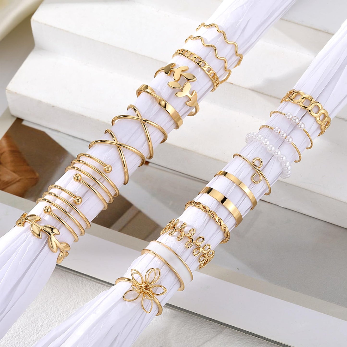 IFKM 21 Pcs Gold Knuckle Rings Set For Women Vintage Stackable Joint Finger Midi Rings Dainty Cubic Zirconia Crystal Simple Twist Hollow Cute Rings Pack Jewelry Gift (Forest Of Flowers, Gold)