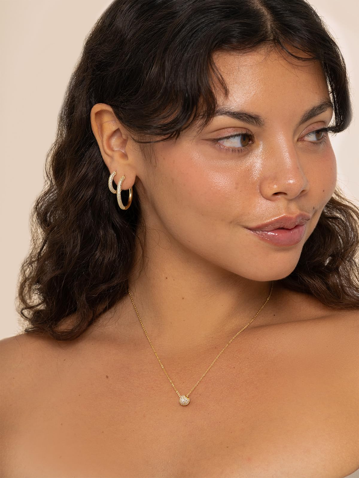 Altitude Boutique CZ Pave Huggie Hoop Earrings | 14K Gold-Plated or Rhodium-Plated | 4-Row Cubic Zirconia Hoops in 17mm or 25mm | Hypoallergenic Modern Statement Hoop Earrings for Women (Gold, 17mm)
