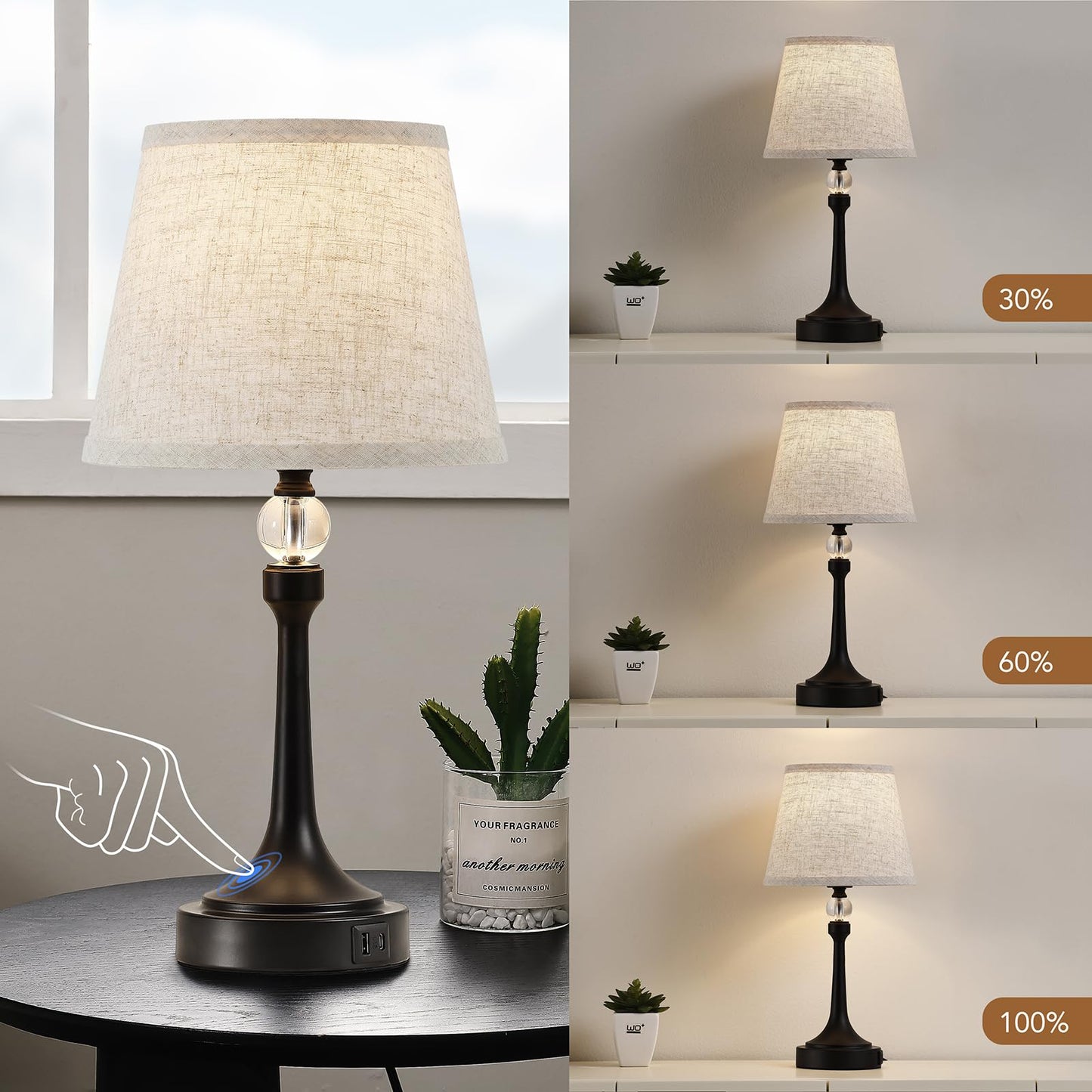 Leasgy 19.7'' Touch Table Lamps for Living Room, Small Lamp for Bedroom with USB C+A Ports, Dimmable Touch Lamps, Reading Desk Lamp for Office, Metal Bedside Lamps, Bulb Included, 1pcs, Black