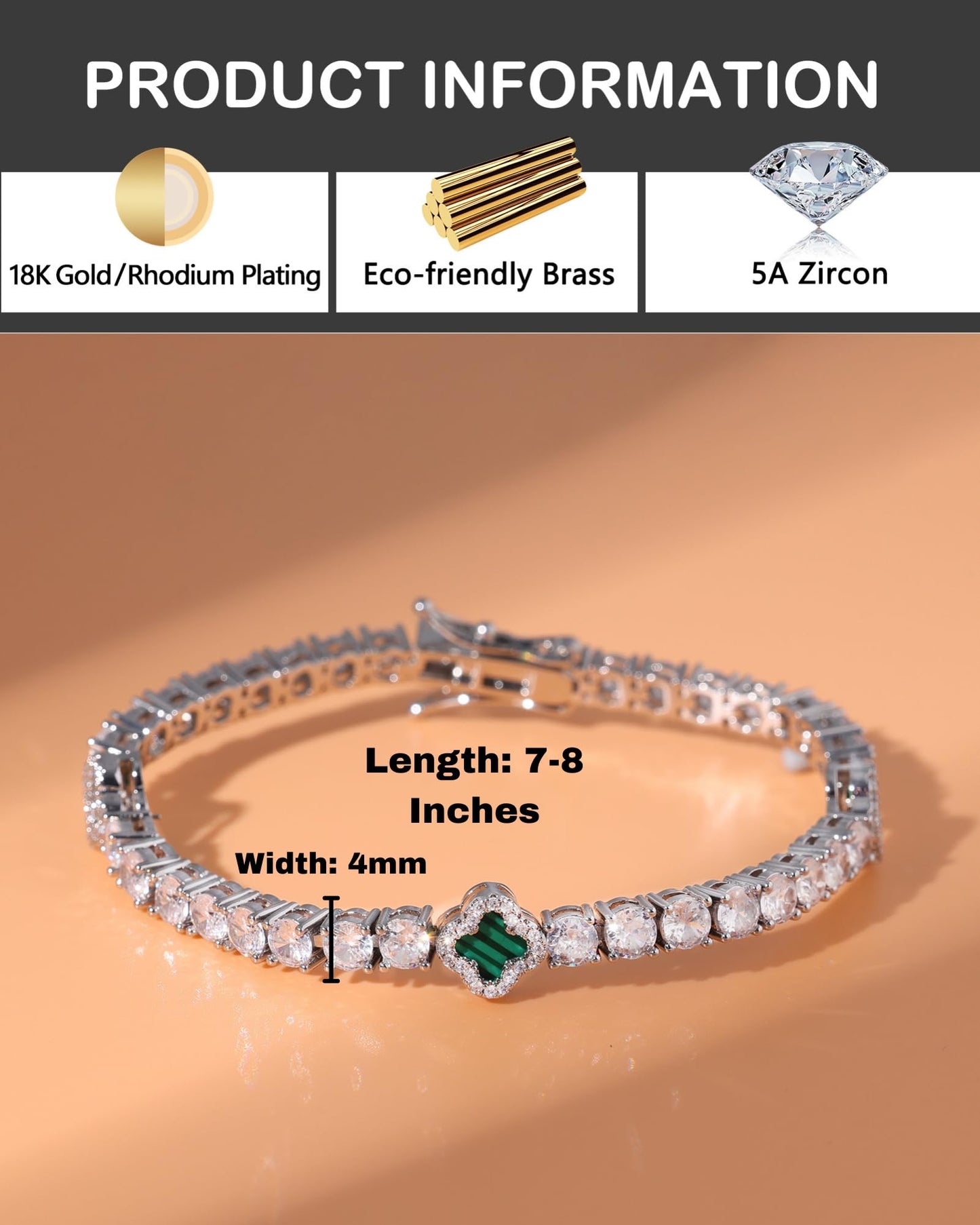 LuxeFlex 4mm Iced Out Clover Tennis Bracelet, White Gold Plated with 5A Zircon Stones, Handmade exquisite Hip Hop Jewelry, Perfect Unisex Gift (White Gold-Green,7)