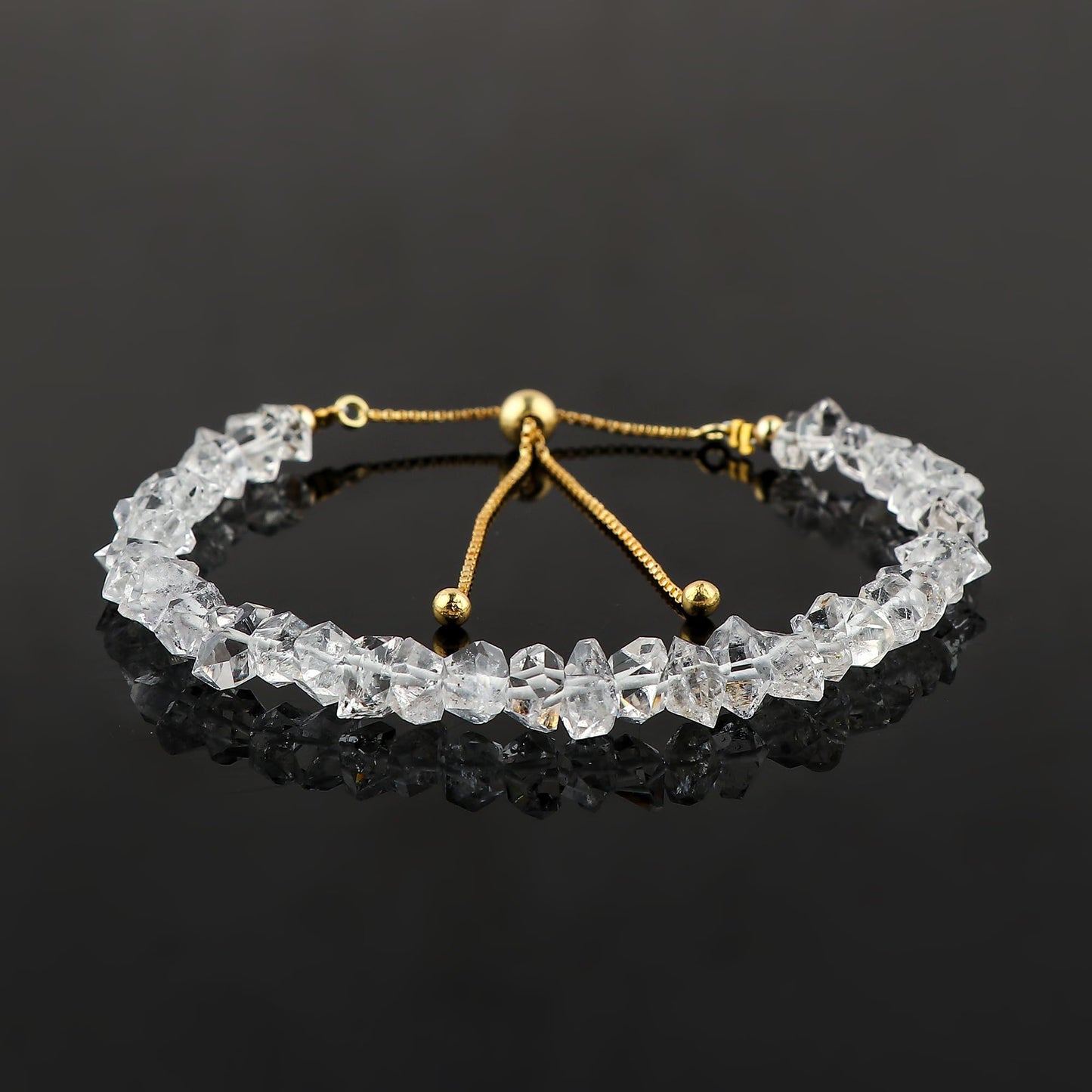 CRYSTALINES Natural Raw Herkimer Diamond Gemstones Bracelet, High Grade Rough Stones, Handmade Jewelry, Chakra Healing Crystals, Gold Plated - Adjustable Chain 8 inch, Gift for Women