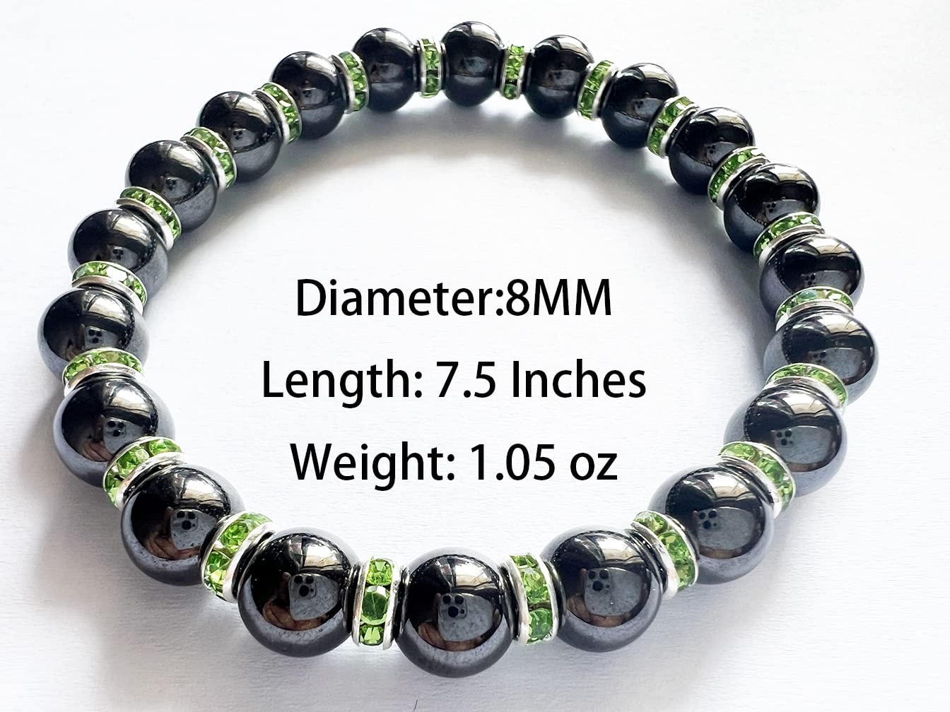 Apocalyptic-K Women's Magnetic Bracelet，Hematite Bracelets，Magnetic Bracelets With Zirconia,Handmade Stretch Bracelet，Eliminates static electricity. (Green Zirconia，8MM)