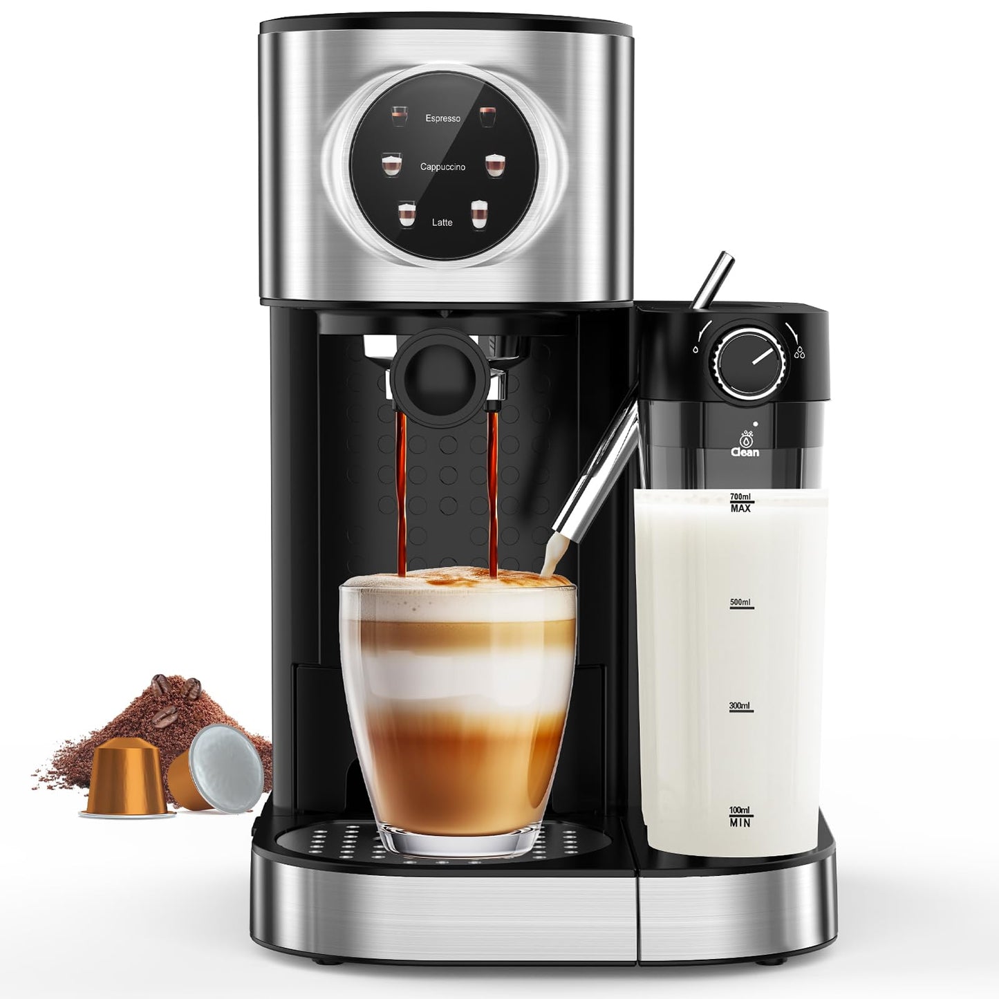 COWSAR Espresso Machine 20 Bar, Commercial Cappuccino & Latte Machine with Automatic Milk Frother, for Ground Coffee & Capsules, Dual Boiler, 57oz Water Tank, Expresso Machines for Home, Touchscreen
