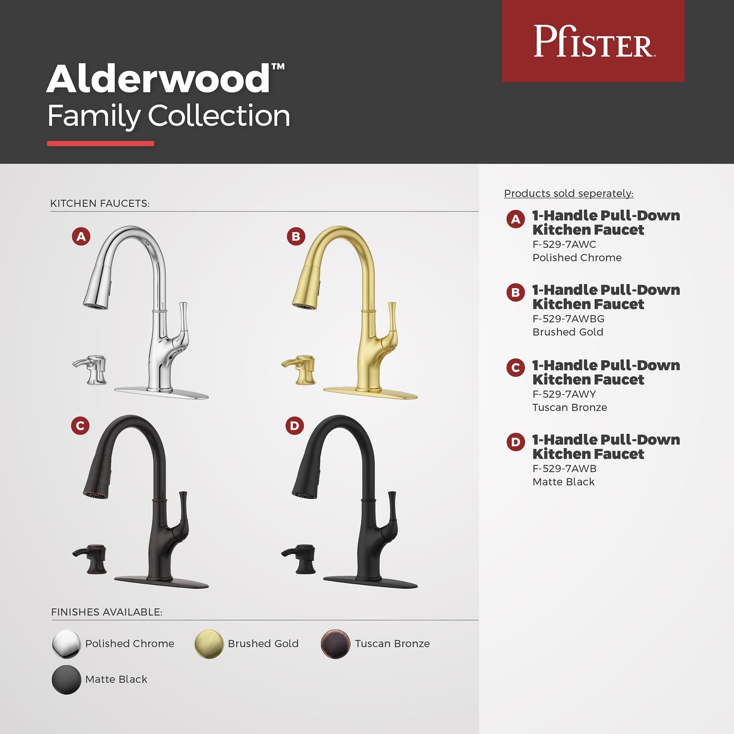 Pfister Alderwood Kitchen Faucet with Pull Down Sprayer and Soap Dispenser, Single Handle, NSF Certified, Matte Black Finish, F5297AWB