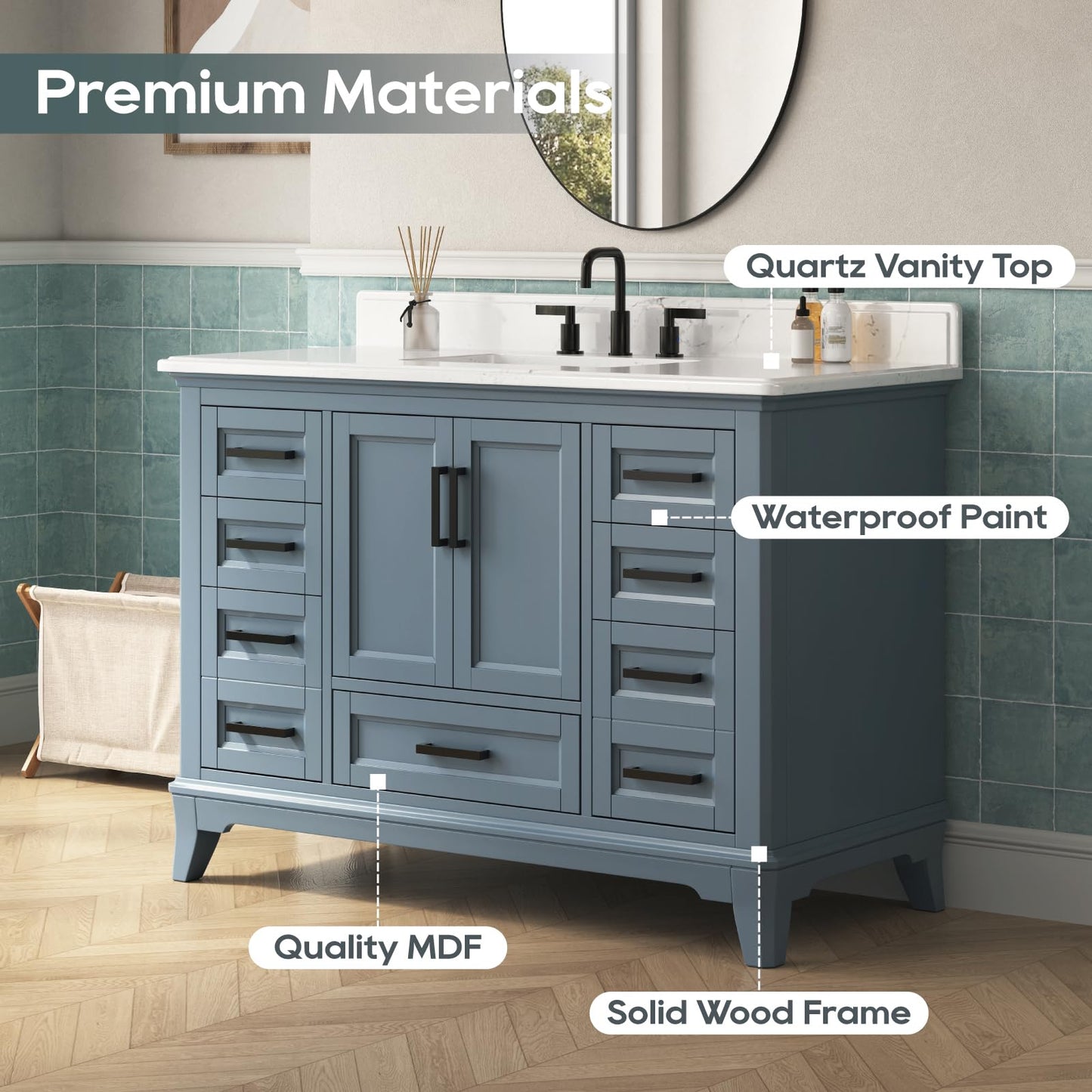 DELUXE LIVING 48 Inch Bathroom Vanity with Sink, Modern Steel Blue Bathroom Cabinet with Soft Closing Doors & Dovetail Drawers, Quartz Countertop, No Assembly Required