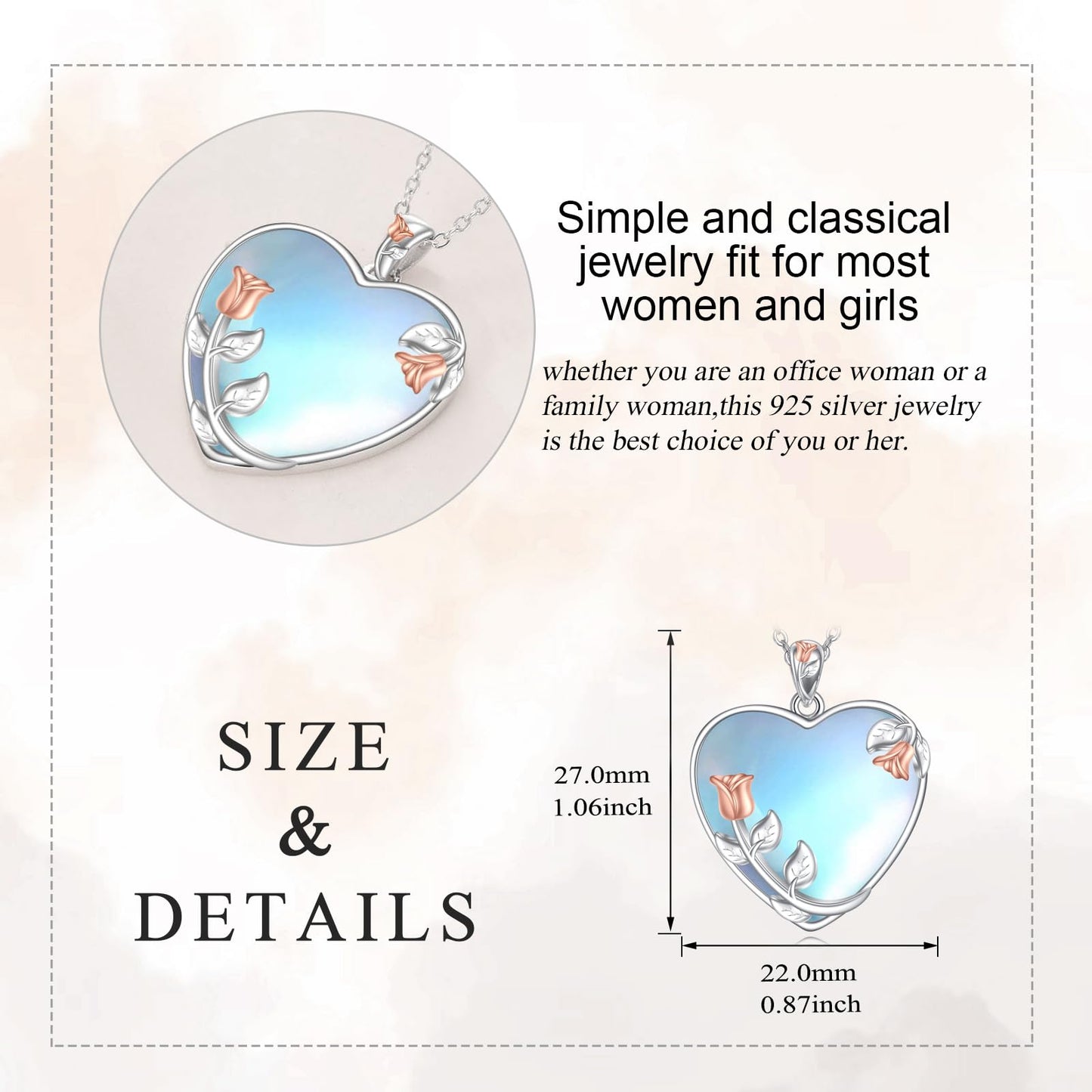 YAFEINI 925 Sterling Silver Heart Moonstone Necklace Rose Flower Filigree Pendant Necklace Jewelry Gift for Women (UU-Rose Flower Moonstone)