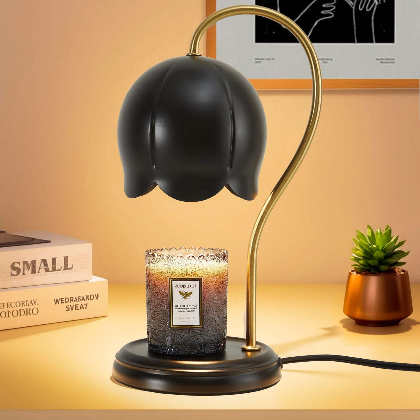 Black Gold Flower Candle Warmer Lamp with Timer Dimmable, Office Decor Elegant Bedroom Scented Wax Light, Christmas Birthday Gifts for Women Man, Large Table Candles Burner