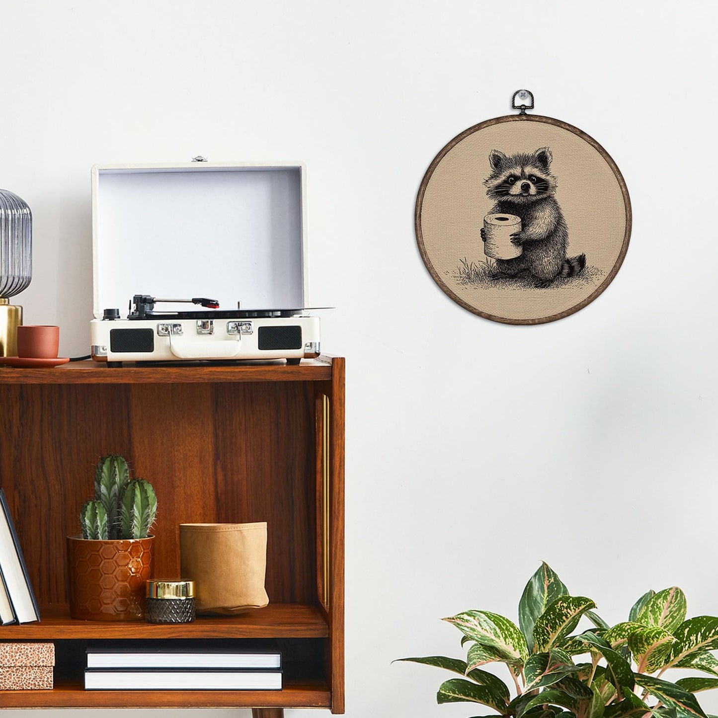 YH547-YGH01 Giosve Funny Raccoon Bathroom Round Wall Art Canvas Framed Poster, Rustic Neutral Sketch Raccoon Holding Toilet Paper Hanging Wall Sculptures for Washroom Bathroom Restroom Decor, 10x10 Inch