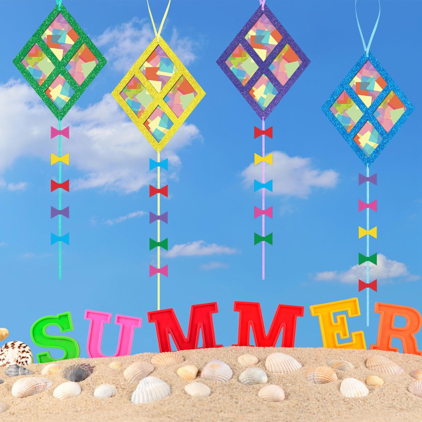 ShinyRelief 24 Sets Kites Craft DIY Kites Tissue Paper Craft Kits Summer Party Supplies DIY Hanging Ornaments Make Your Own Summer Beach Party Decoration for Outdoor Grassland Activities