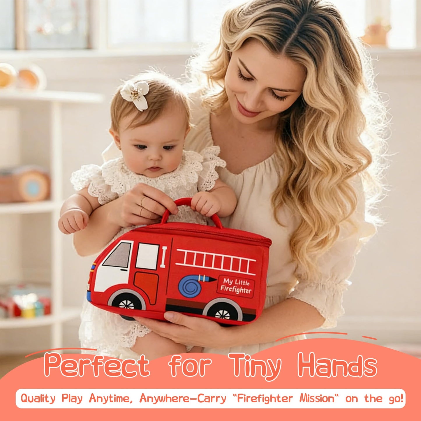 JUSTQUNSEEN Stuffed Plush Firefighter Kit for Baby Toddler, 6-Pcs My Little Playset, Sensory Pretend Play Toy with Fire Truck/Dog Firefighter/Extinguisher, Boy Girl Infant Gifts