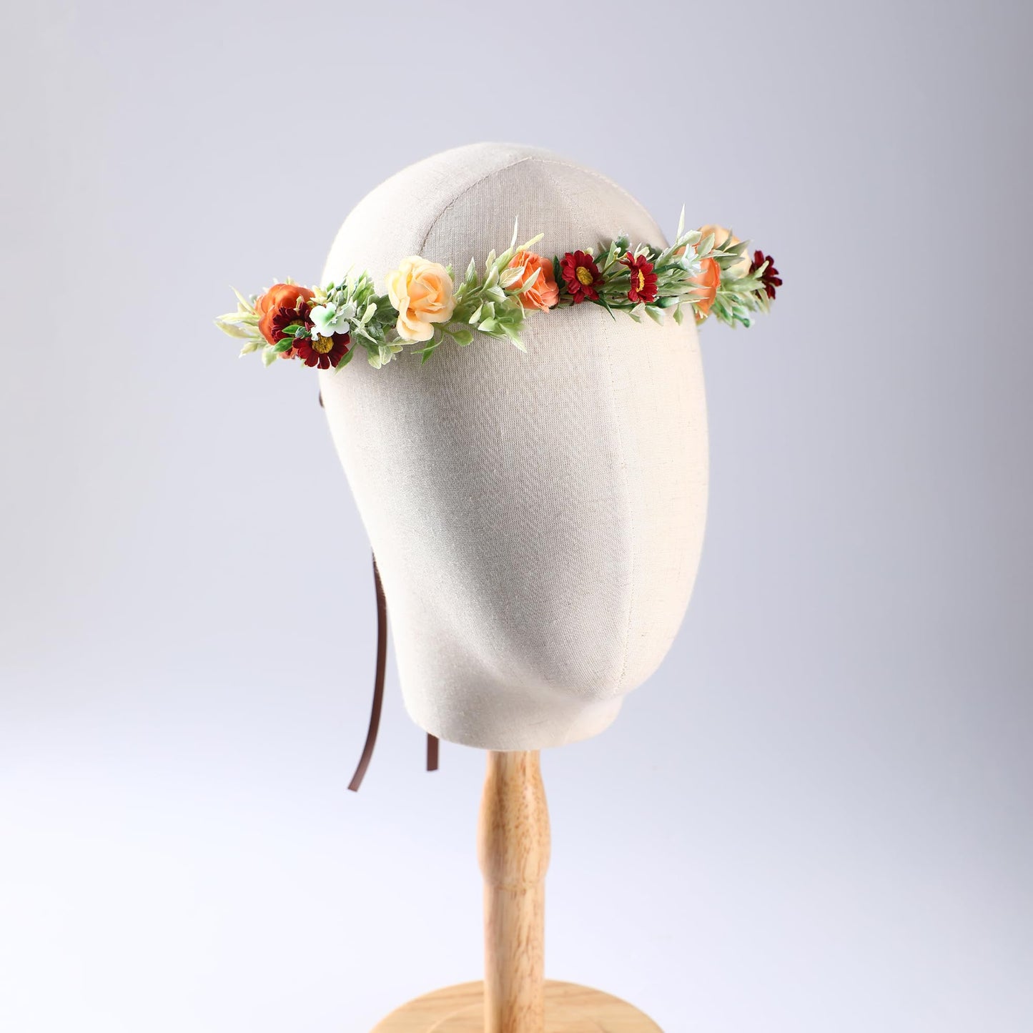 KorViSHOW Floral Crown Women Girls - Orange Boho Floral Headpiece with White Green Leaves Charming Fairy Flower Headband for Wedding Photo Shoot Festivals