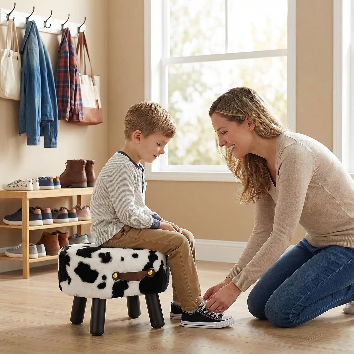 Leesingdo Small Footstool with Handle, Faux Fur Ottoman Foot Rest with Padded Seat, Curved Foot Stool with Wooden Legs, Portable Foot Rest for Living Room, Bedroom, Entryway, Cow