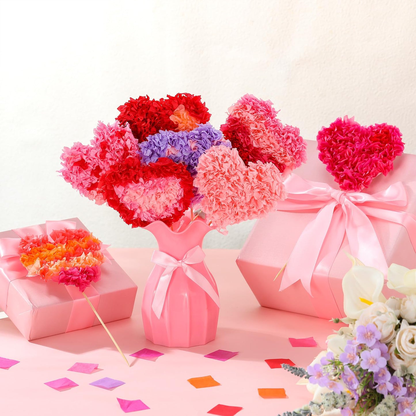 Glenmal 9097 Pcs/24 Set Valentine's Day Craft Kit Heart Shape Poke Art Flower Bouquet Kits with 9000 Tissue Paper Squares 48 Heart Paper Cut for Adults Valentine's Day Activities DIY Craft Supplies