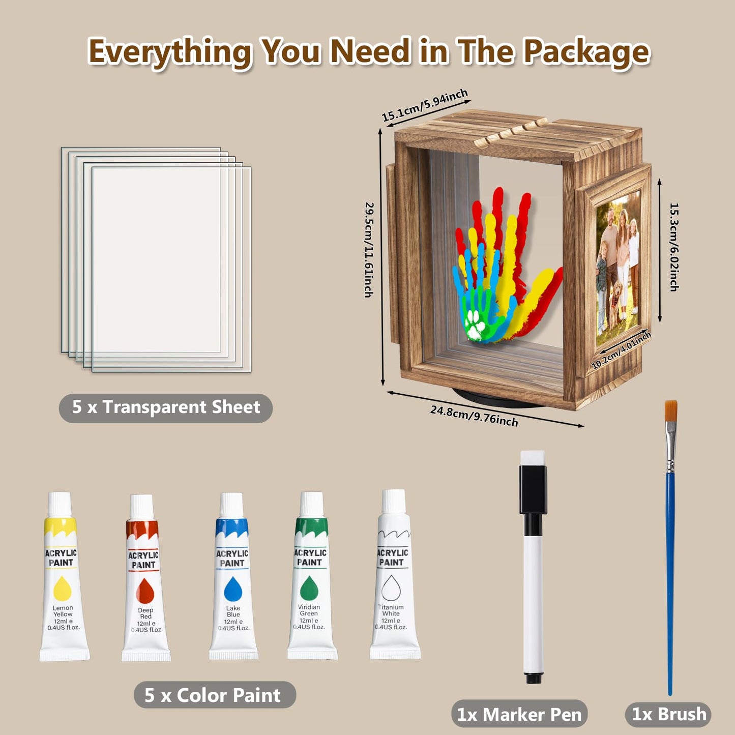 Emfogo 360 Rotating Family Handprint Kit, DIY Craft Keepsake Wooden Frame, Baby Footprint Kit, 5 Paint Colors Included, Non-Toxic Paints&Transparent Sheets, Gifts for Handprint Family Keepsake（Brown