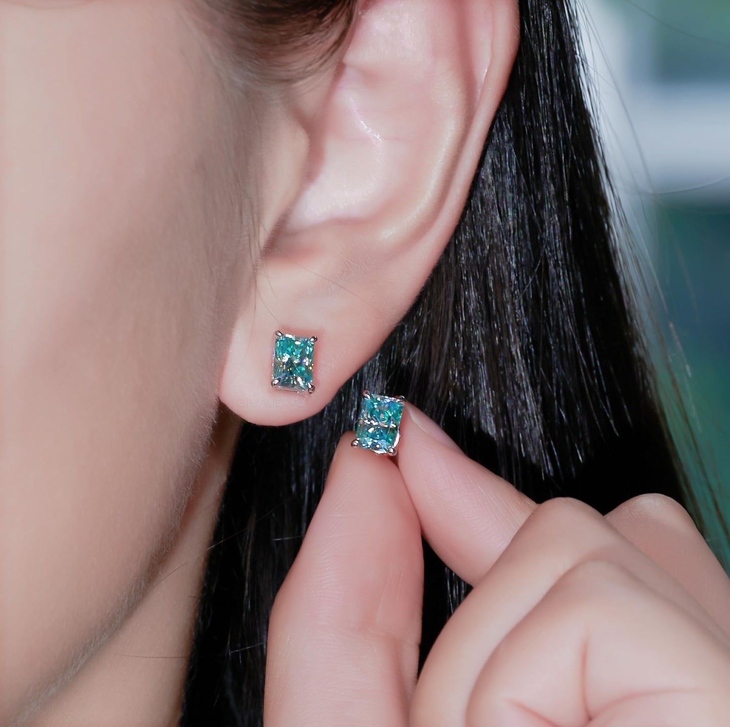 GIGAJEWE Blue Green Color Moissanite Stud Earrings Radiant Cut Moissanite Earrings 2.0ct/pair,18K Gold Plated 925 Steling Silver, Stud Earrings For Women (Cyan)
