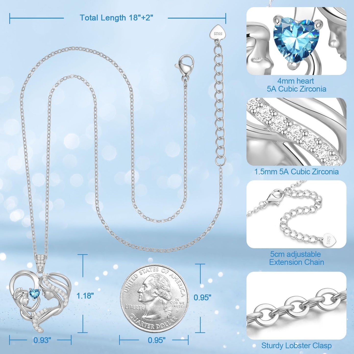 Zifeel Mothers Day Gifts for Mom Wife Her Grandma, S925 Sterling Silver Birthstone Necklaces Jewelry for Women, Mother's Day Love Heart Pendant Necklace for Anniversary Birthday Christmas Day