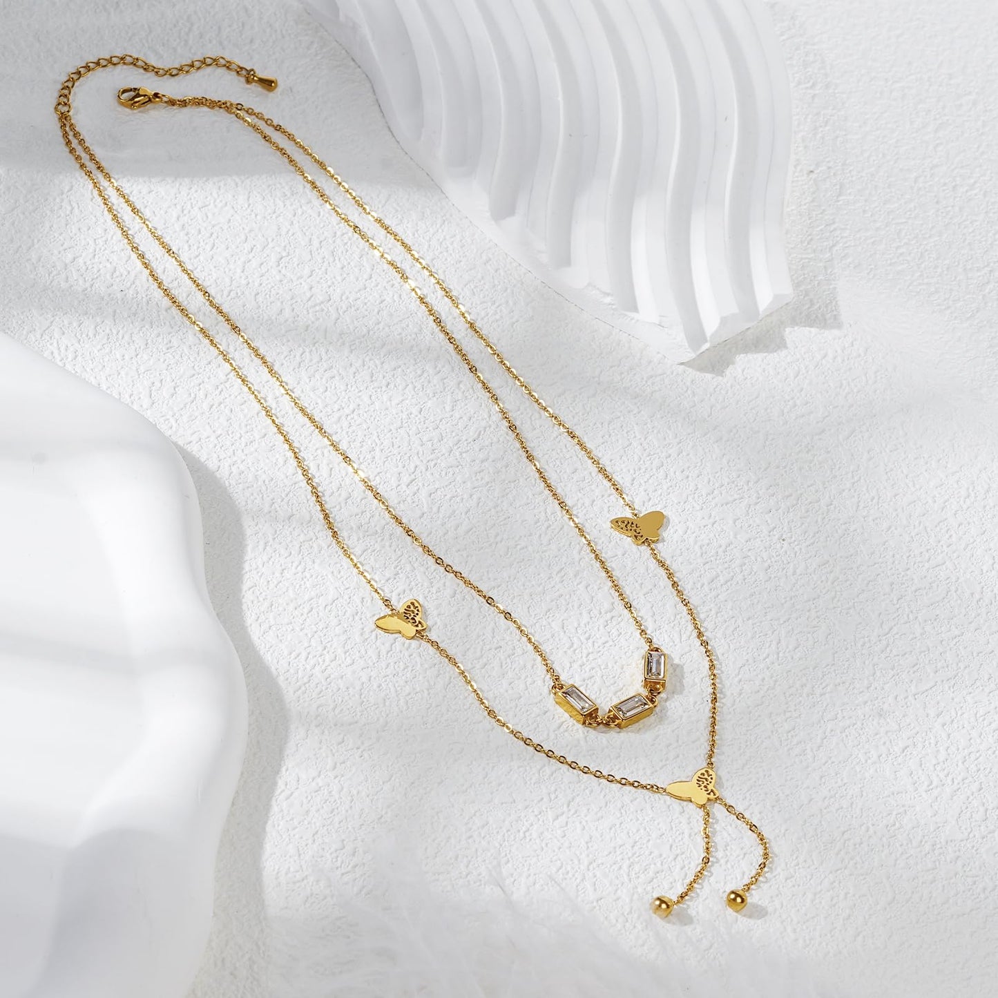 TaYolnFaSo 18K Gold Plated Double Layered Y Lariat Necklace Emerald Cut CZ Choker Butterflies Lariat Necklace Christmas Jewelry Gift for Women