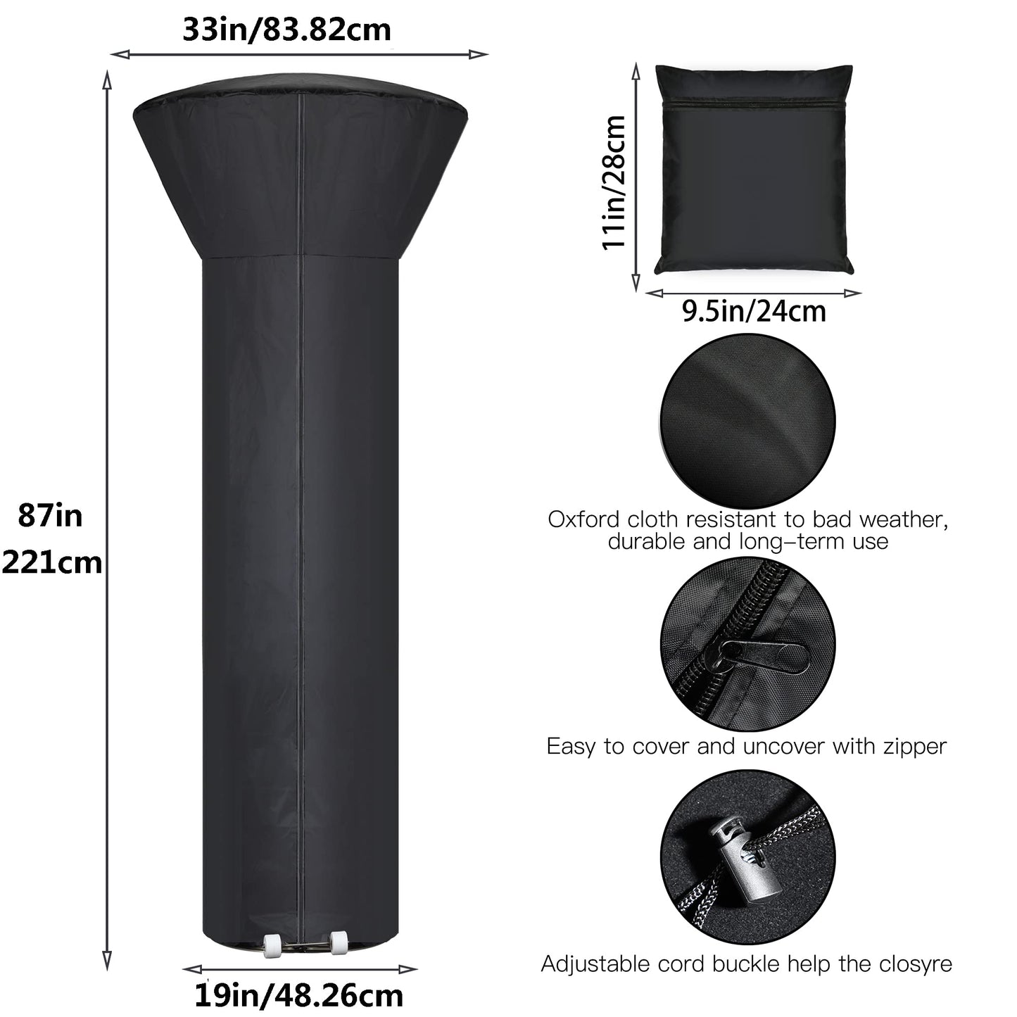 Hualedi Patio Heater Covers with Zipper and Storage Bag,Waterproof,Dustproof,Wind-Resistant,Sunlight-Resistant,Snow-Resistant,Black,87'' Height x 33" Dome x 19" Base