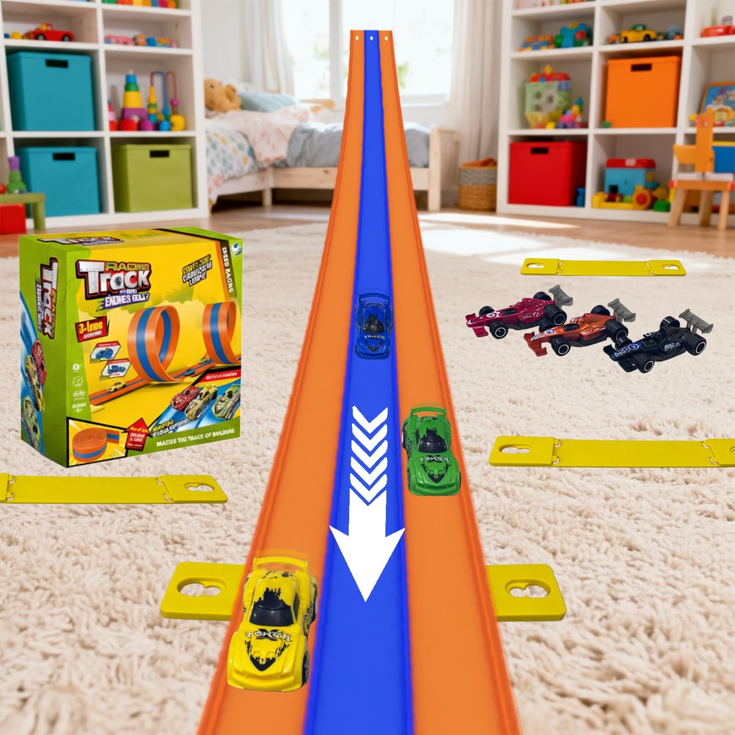 Flexible Race Track 3-Lane 15ft Race Car Track Compatible with Diecast 1/64 Scale Cars, Flexible Car Track Race Ramp Toy with Strong Suction Cups