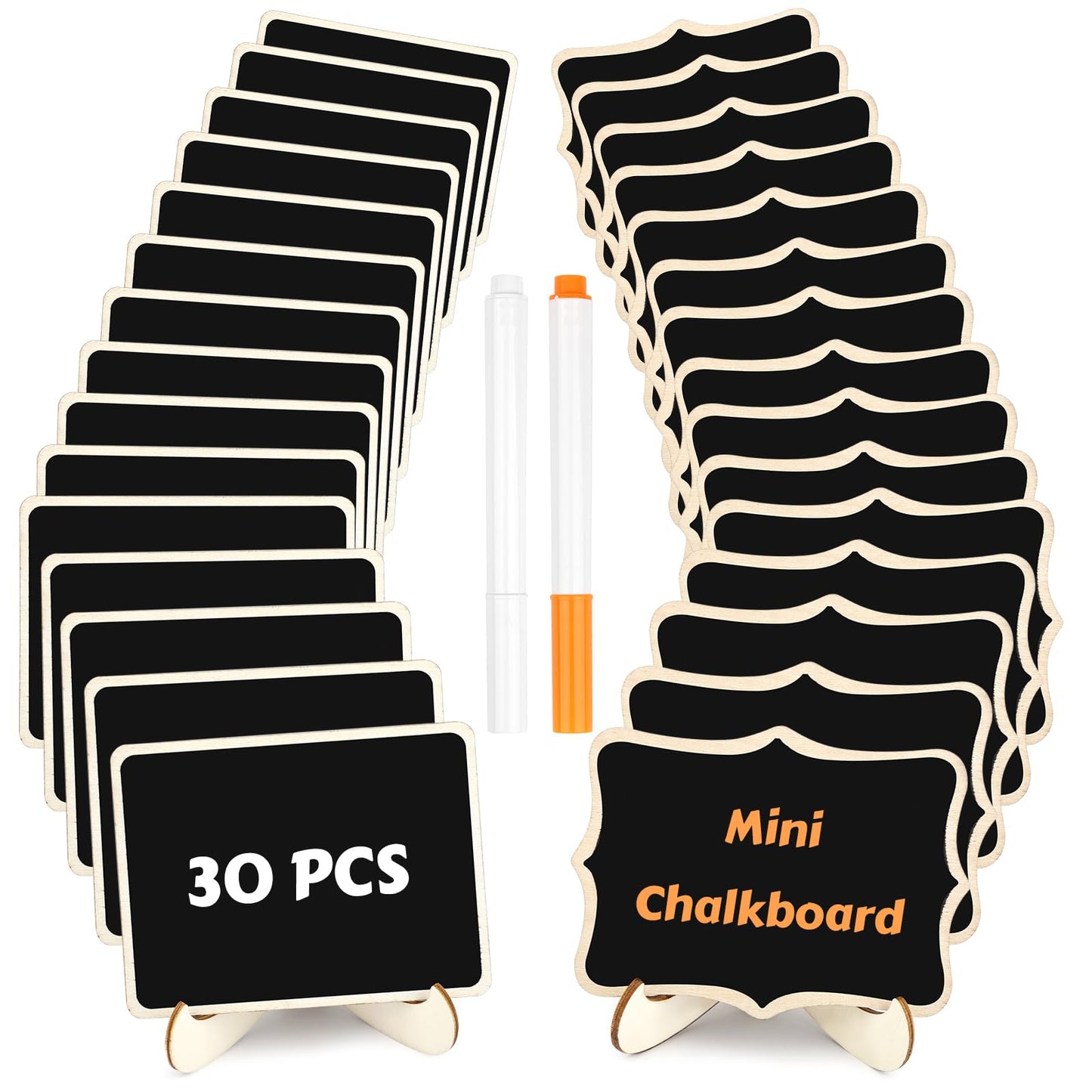 30 Pack Mini Chalkboard Signs, Food Labels for Party Buffet, Small Wooden Chalk Board Signs with Easel Stand & Markers, Reusable, Zero Residue Place Cards for Table Setting or Numbers, Outdoor Indoor