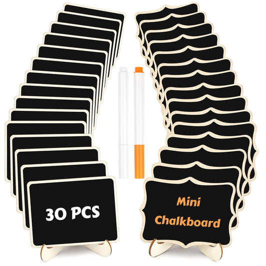 30 Pack Mini Chalkboard Signs, Food Labels for Party Buffet, Small Wooden Chalk Board Signs with Easel Stand & Markers, Reusable, Zero Residue Place Cards for Table Setting or Numbers, Outdoor Indoor