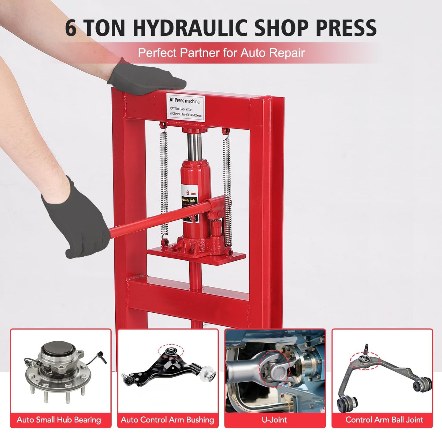 Hydraulic Press 6 Ton Hydraulic Shop Press H-Frame Garage Floor Adjustable Shop Press with 2 Plates Adjustable Working Table Height, Red