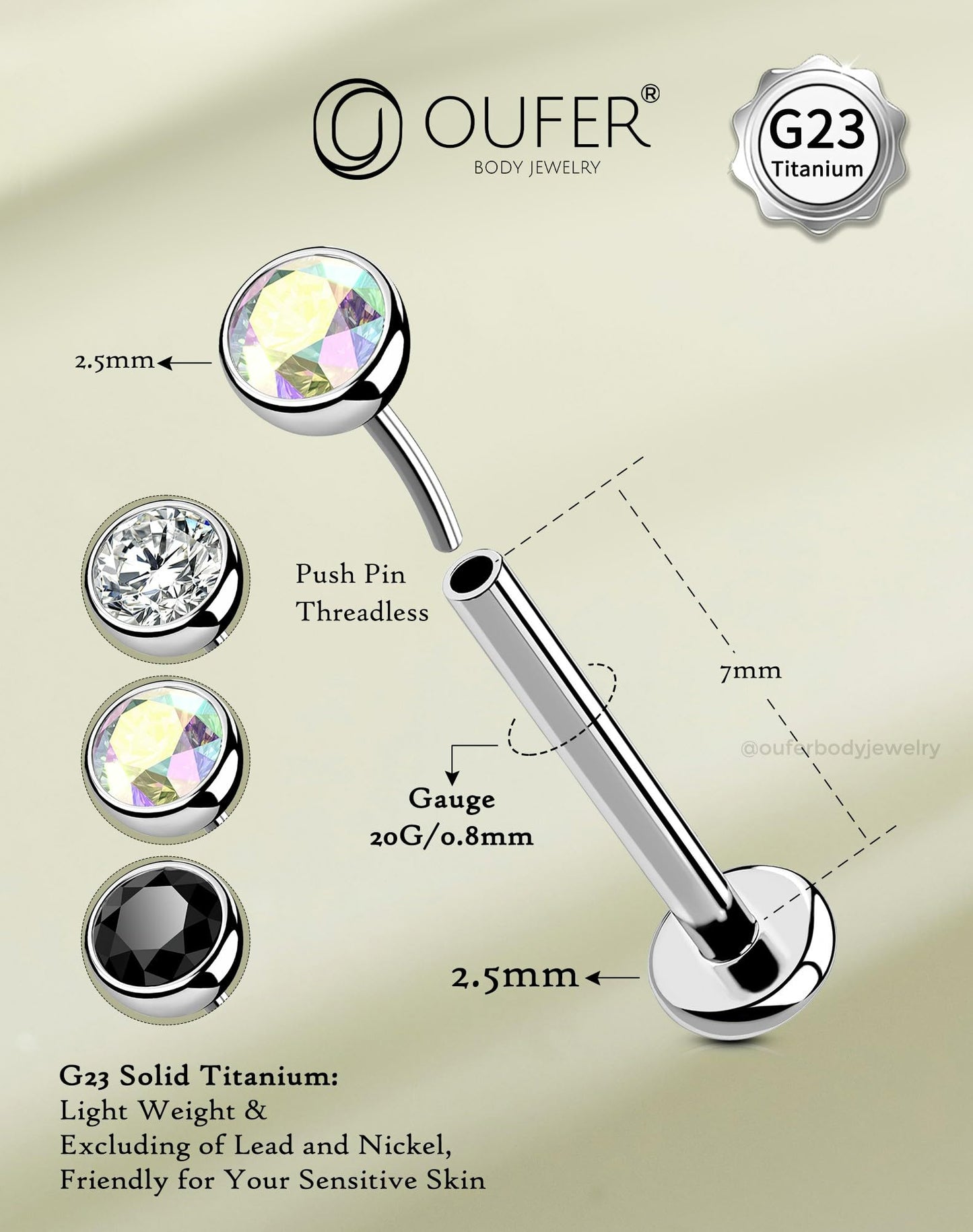 OUFER 2Pcs Black Nose Studs, 20G G23 Solid Titanium Threadless Nose Studs 2.5MM Flat Back Tiny CZ 2.5MM Nose Nostril Piercing Jewelry-7MM