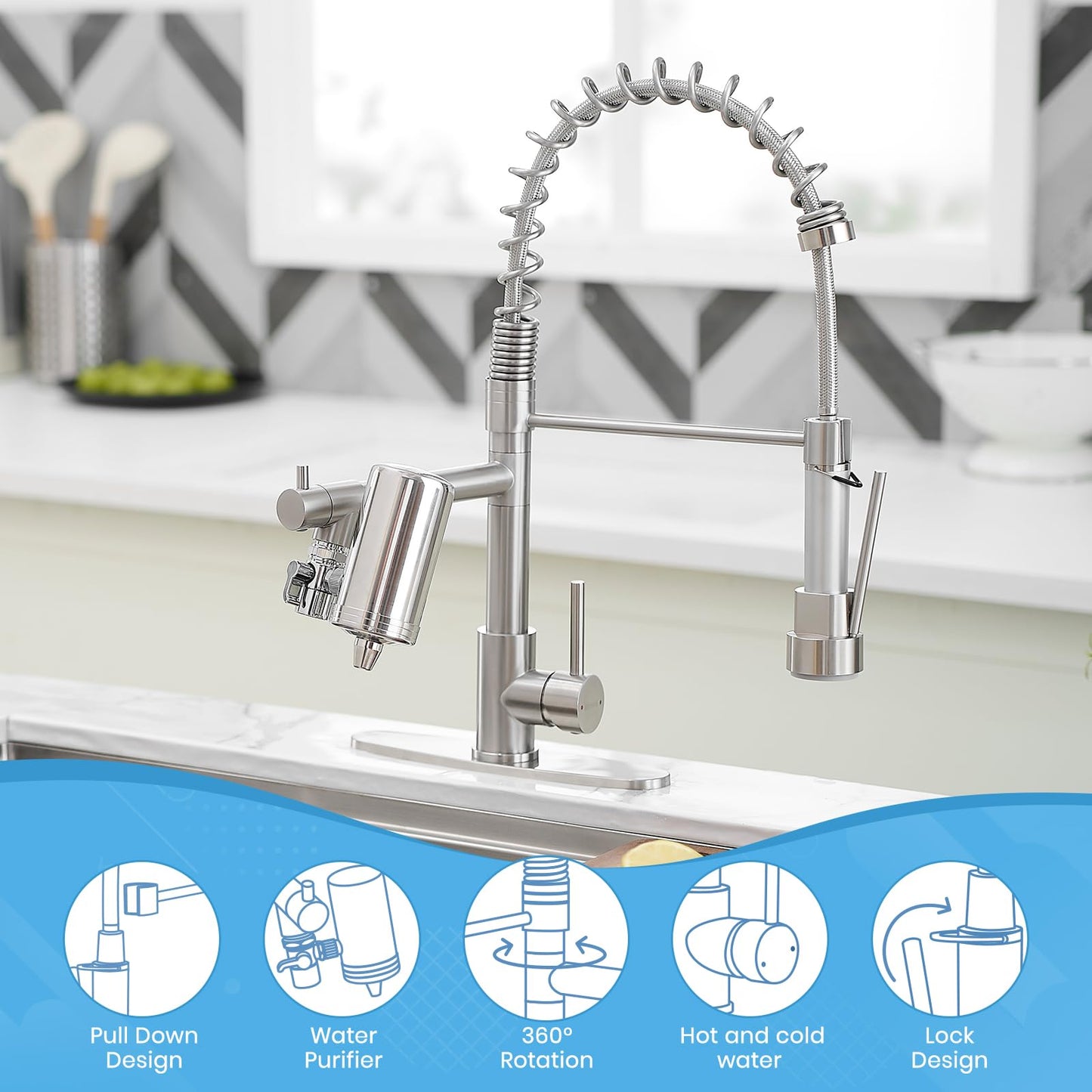 AIMADI Kitchen Faucet with Water Filter and Pull Down Sprayer, Brushed Nickel Stainless Steel Single Handle Kitchen Sink Faucet for Drinking Water, Farmhouse, RV, Utility or Laundry Sink
