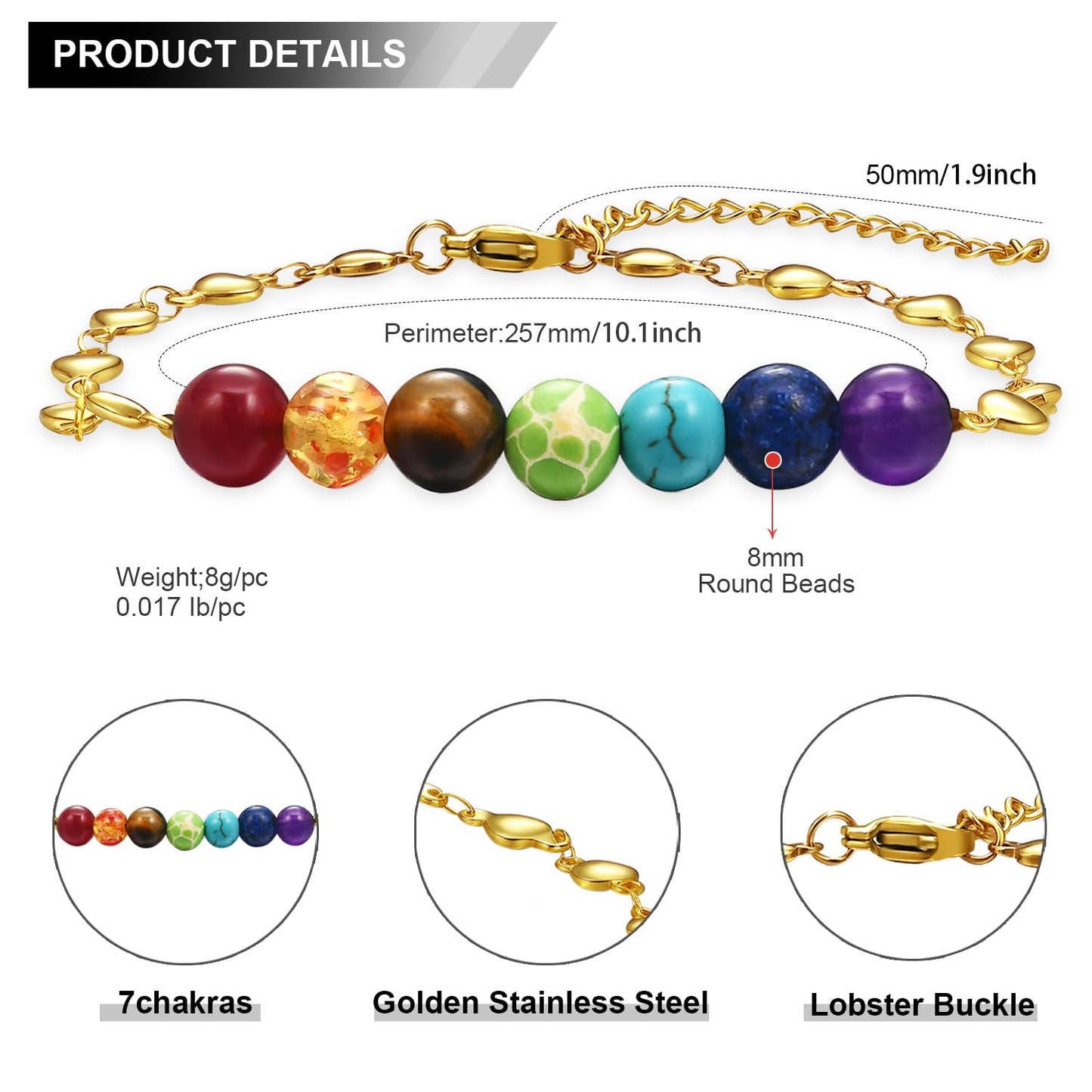 YOTHIWAD 7 Chakra Bracelets for Women Adjustable Stainless Steels 8mm Natural Round Gemstone Beads Reiki Healing Crystal Ankle Bracelet Yoga Energy Jewelry