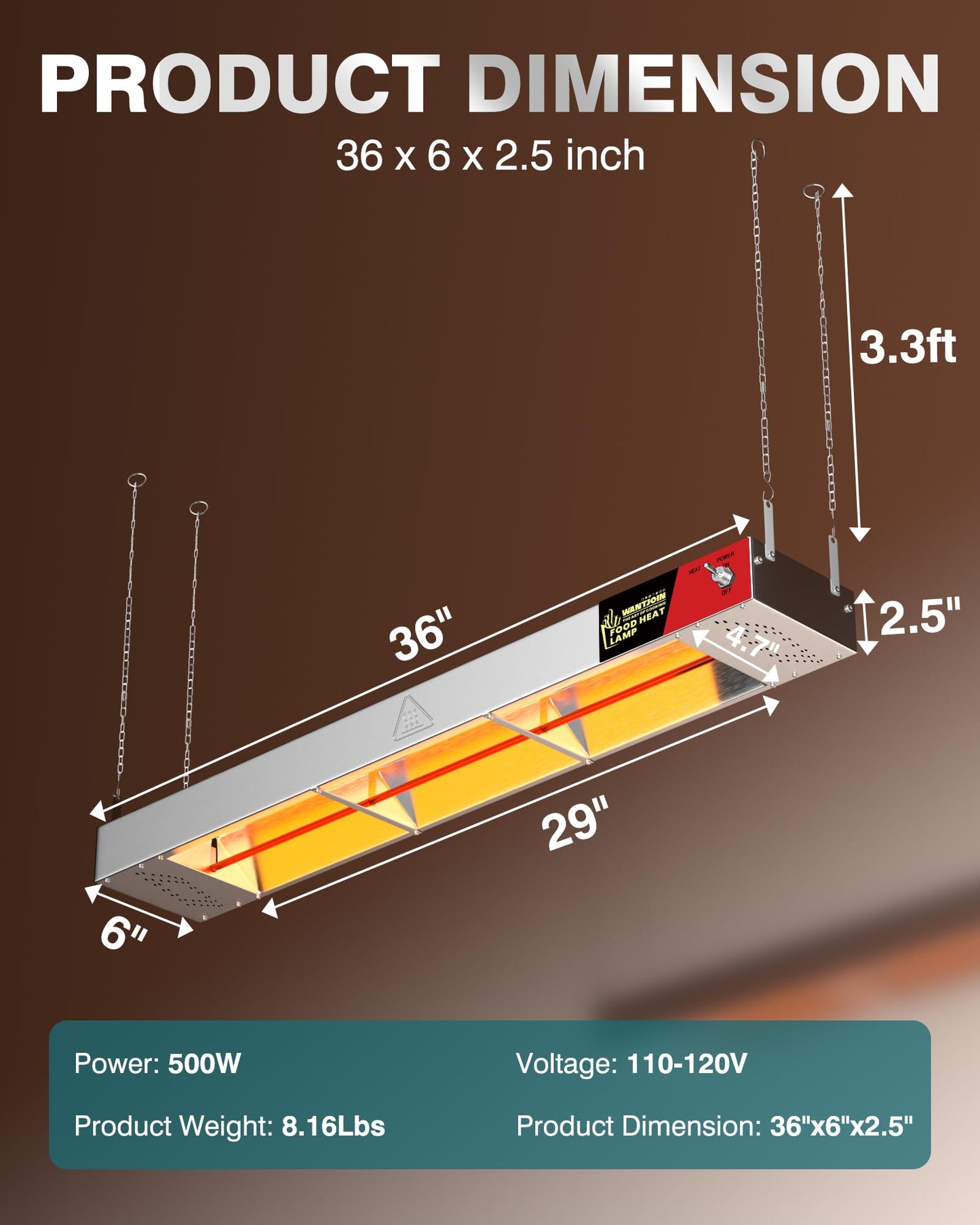 WantJoin Food Heat Lamp - 36 Inch 500W Commercial Heating Lamp for Food Hanging Warming Lamps 500W Stainless Steel Electric Strip Heater with Warm Lights for Service Cafeteria Restaurant Kitchen