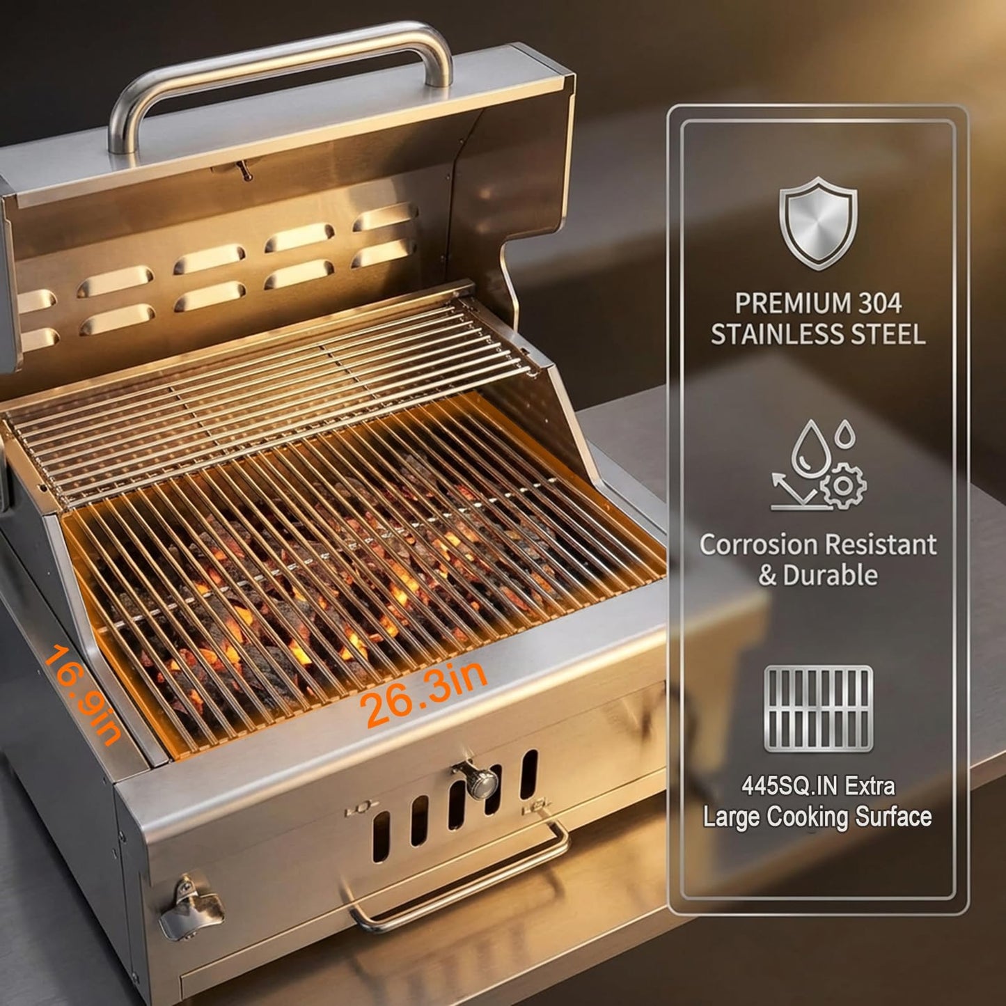 Large Charcoal BBQ Grills, Built in Barbecue Grill with Liftable Tray, Insulated Hood & Temp Gauge, Silver Stainless Steel BBQ Barrel Grill for Outdoor Kitchen Cooking Family Parties Patio Park Style
