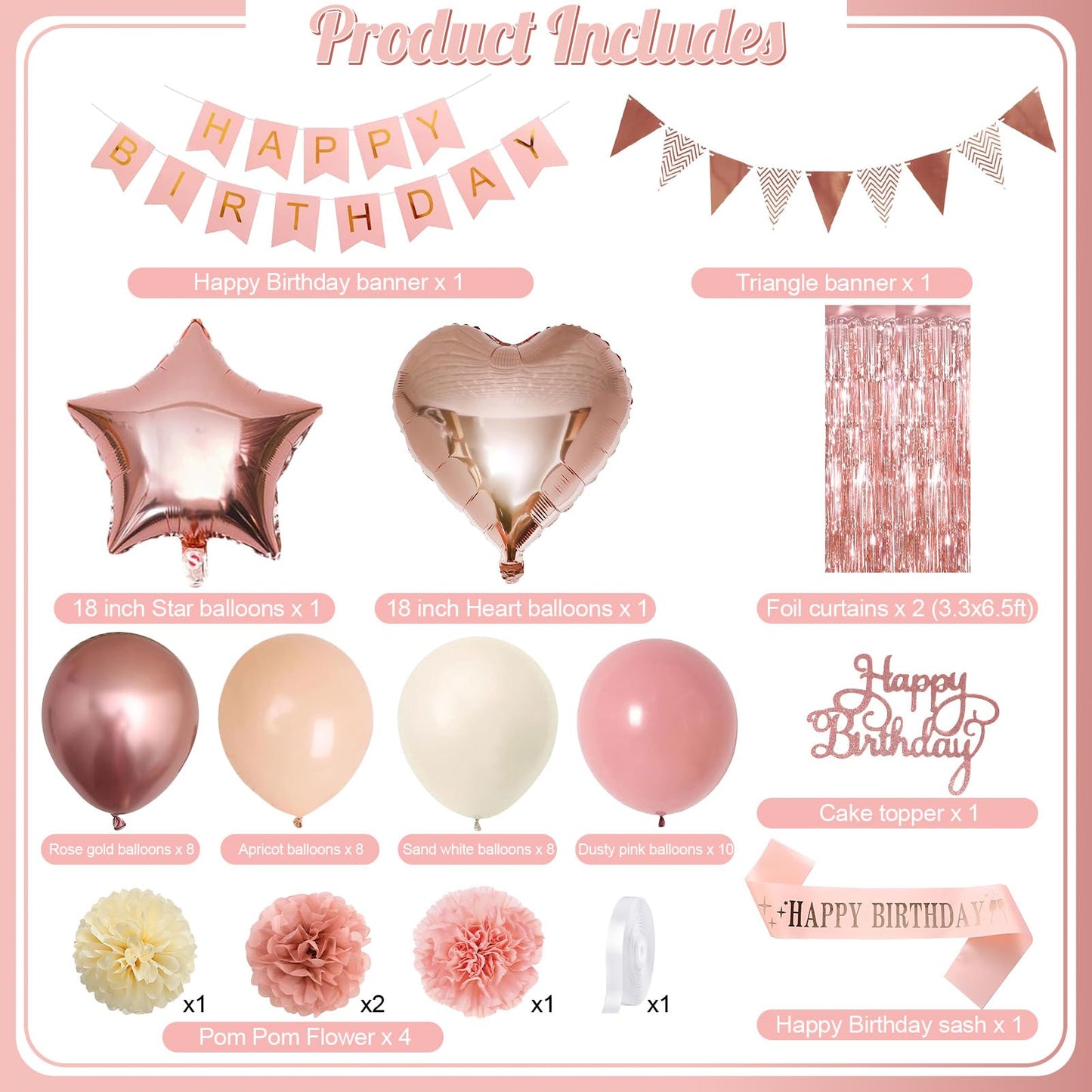 Blush Pink Birthday Decorations, Rose Gold Nude Party Décor with Foil & Latex Balloons Sash Fringe Curtains Happy Birthday Banner Cake Topper Paper Pompoms Party Decor for Women Girl