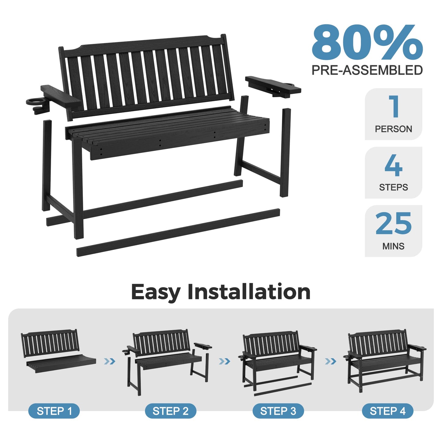 WACASA 48" Outdoor Bench, HDPE Weatherproof Porch Bench, 2-Person Garden Benches with 660 Lbs, Waterproof Patio Benches for Outside Balcony Deck Backyard, Black
