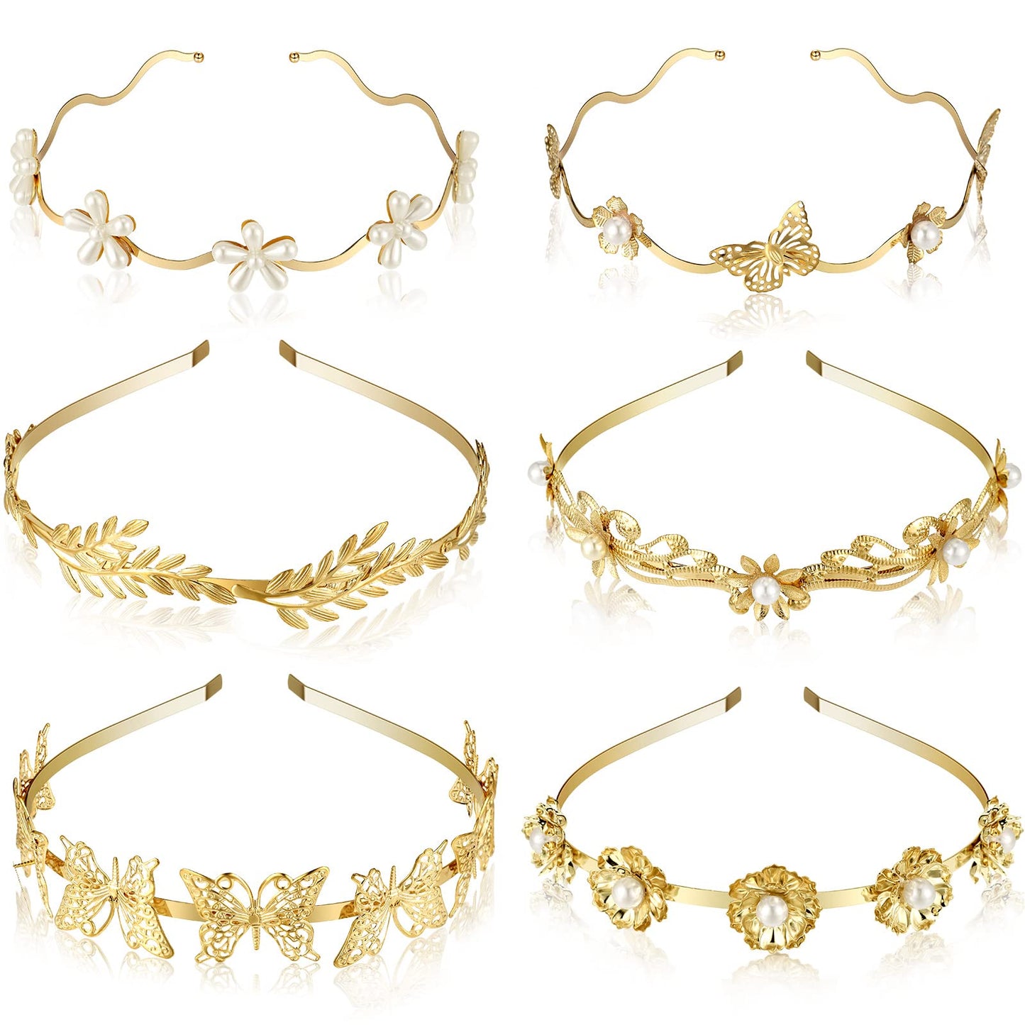 XunYee 6 Pcs Gold Leaf Headbands Set Pearl Headbands for Women Greek Goddess Accessories Flower Faux Pearls Hairband Gold Metal Prom Headpiece Crown Bridal Hairband for Women Girl (Stylish Pattern)