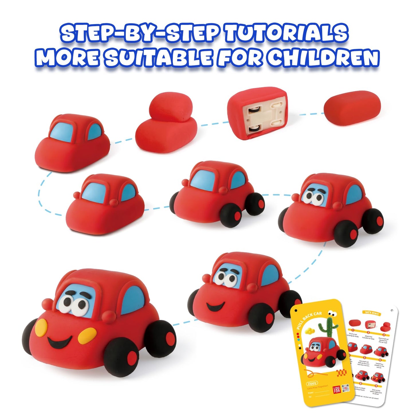 Air Dry Clay Kit for Kids - Pull Back Car Making, 3 Boxes Modeling Clay with Sculpting Tools, Base, Backing Board, Tutorial, Ultra Light & Soft, Non-Toxic & Safe, Creative DIY Arts and Crafts Toys