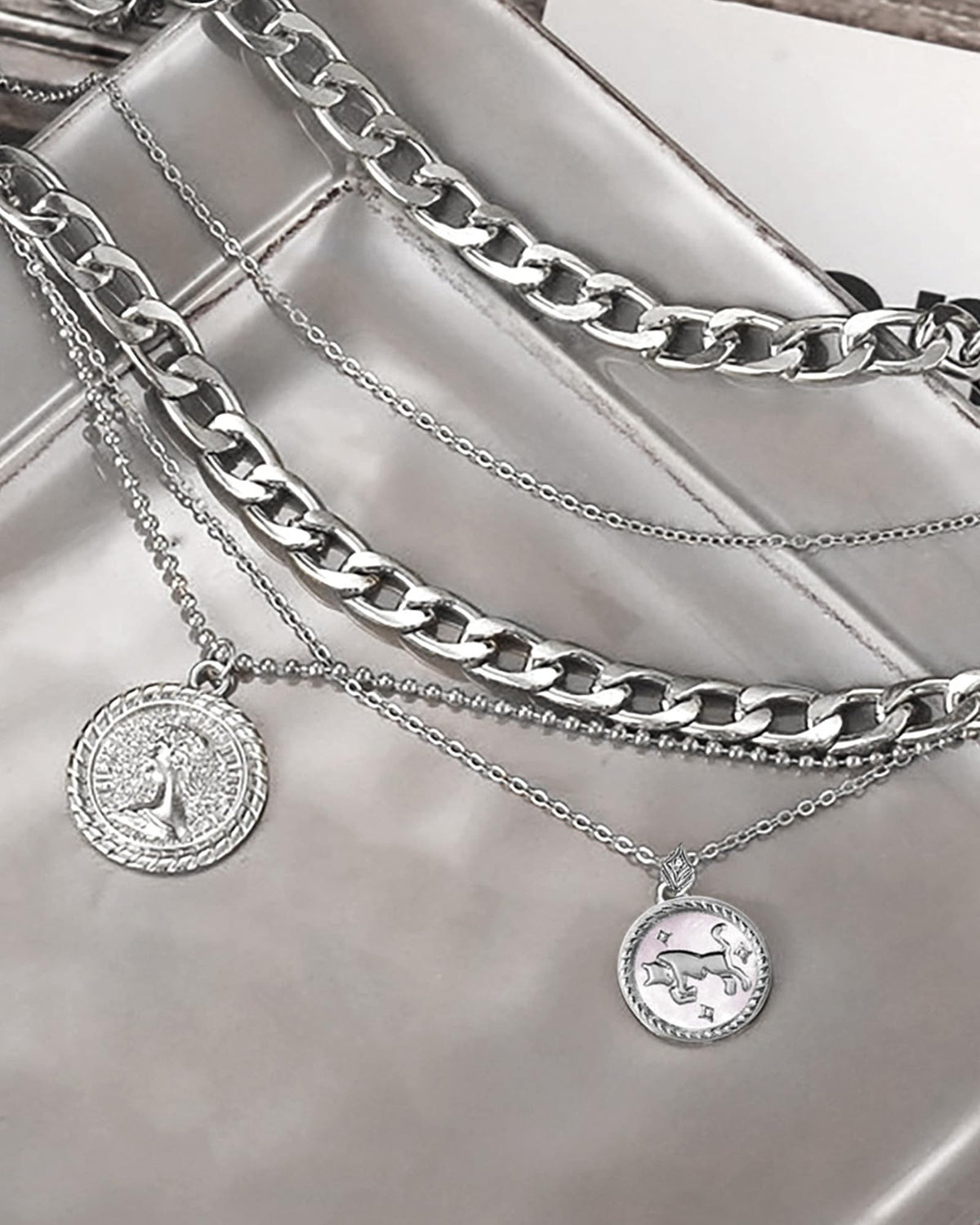 MJartoria Gold Layered Necklaces for Women Trendy Retro Coin Pendant Necklace Dainty Chunky Chain Choker Necklaces for Jewelry Birthday Gifts (Silver, Zodiac-Taurus-3PCS Layered)