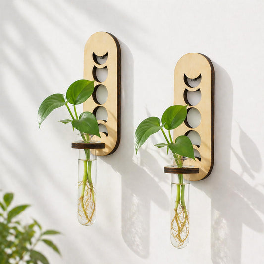 Artilady Plant Propagation Station 2 Pack Wall Hanging Plant Terrarium Holder with Test Tube Wood Window Planter Indoor Decor for Living Room Bedroom Kitchen (Moon Phase)